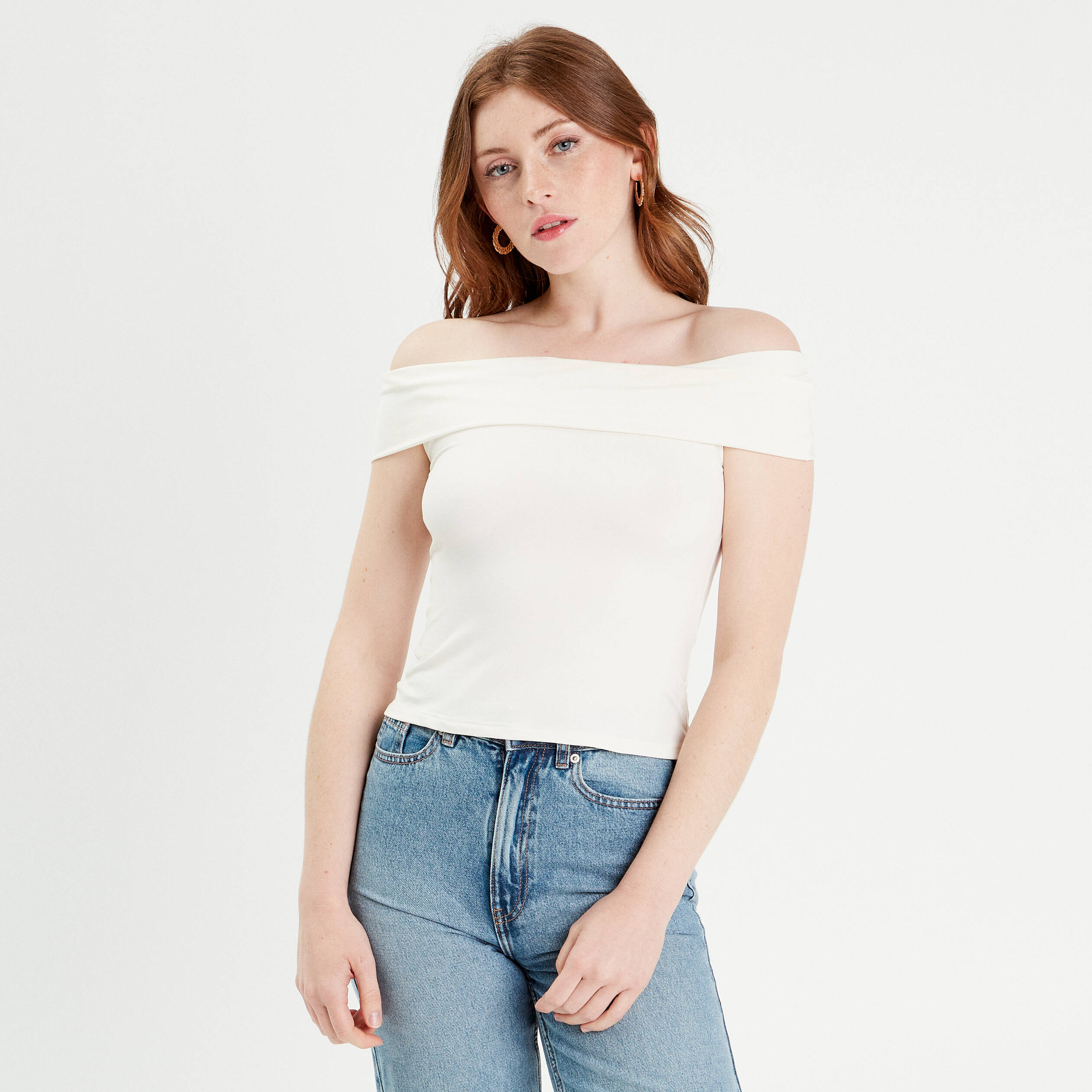 T-shirt col bardot ecru femme