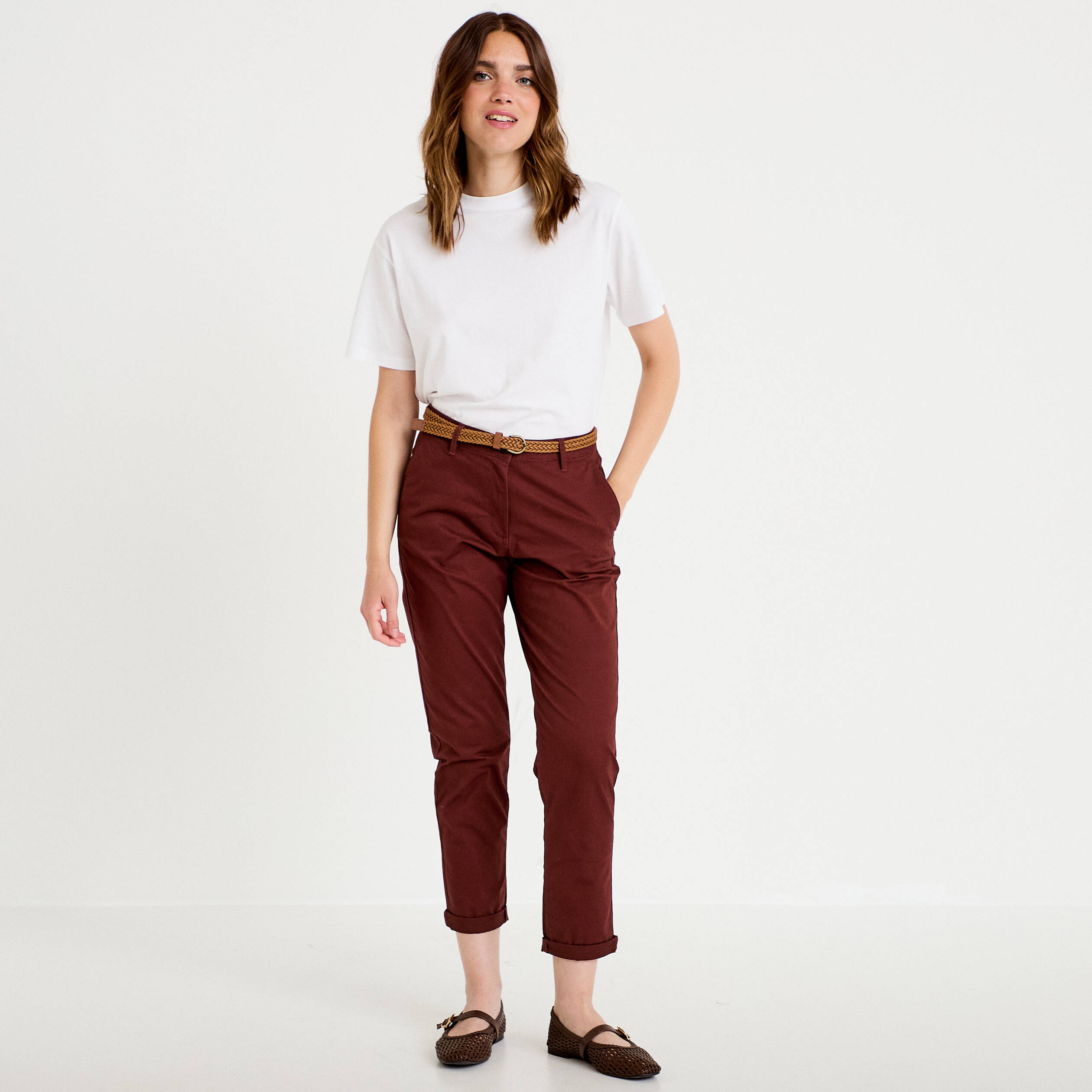 Pantalon chino 7/8&egrave;me marron femme