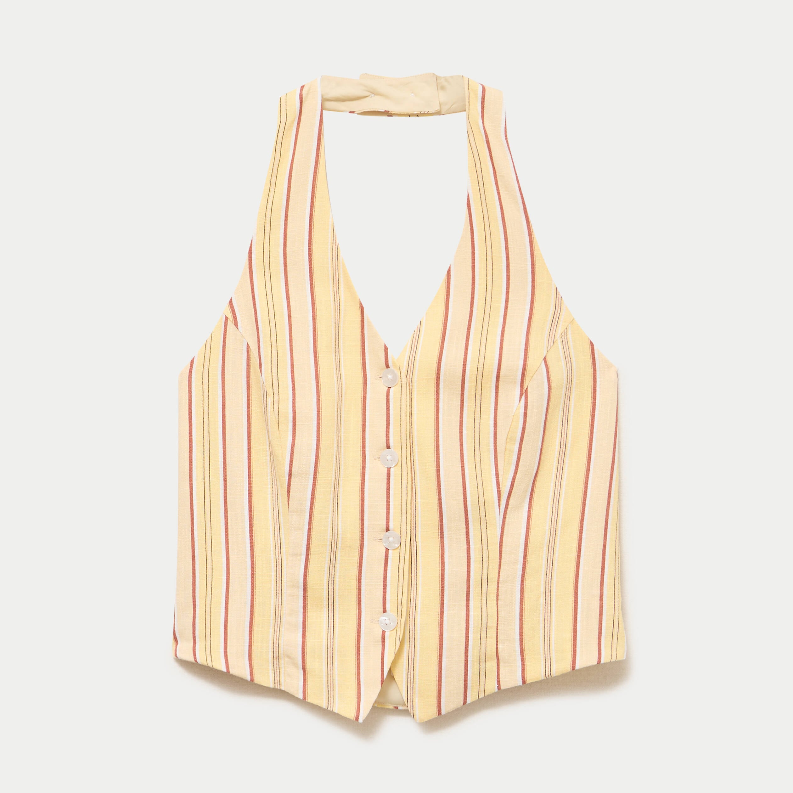 Gilet cintr&eacute; cropped col v sans manches jaune paille femme