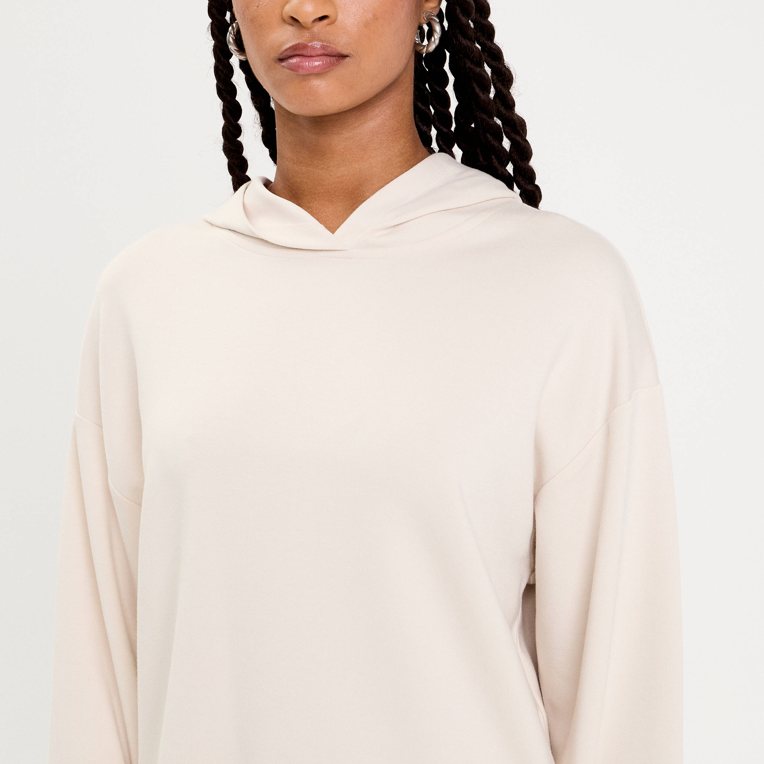 Sweat &agrave; capuche manches longues ecru femme