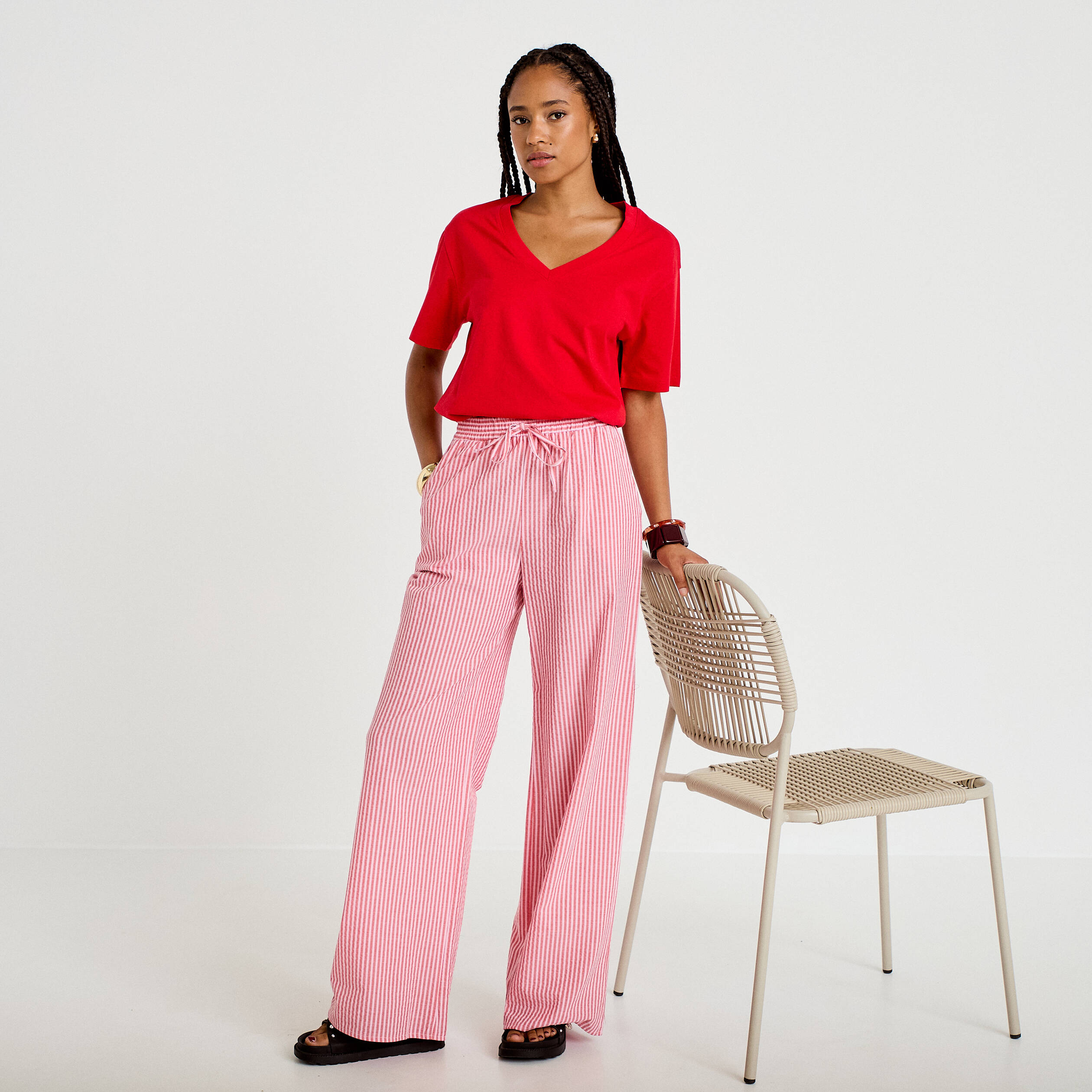 Pantalon large taille haute rouge femme