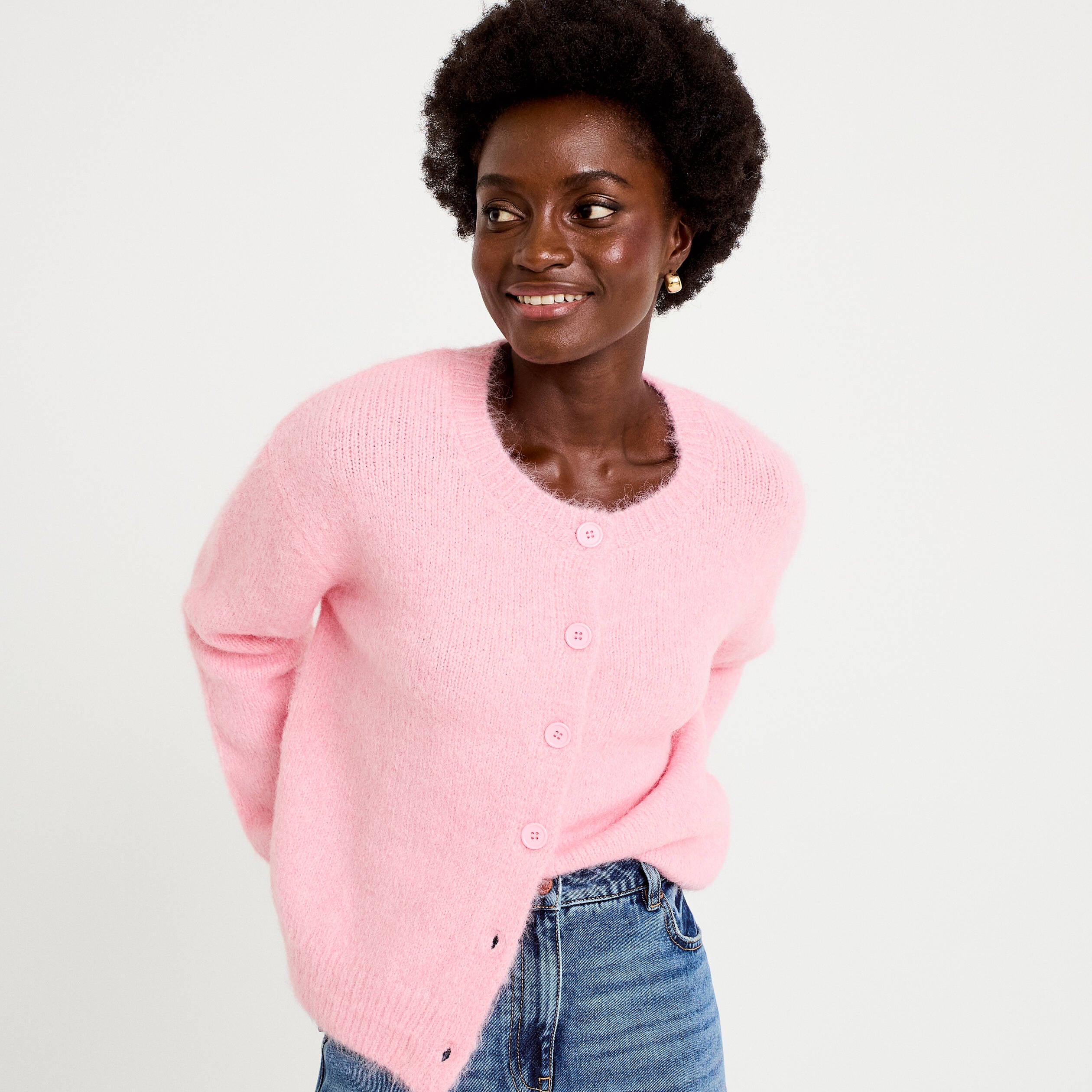 Gilet ample col rond manches longues rose femme