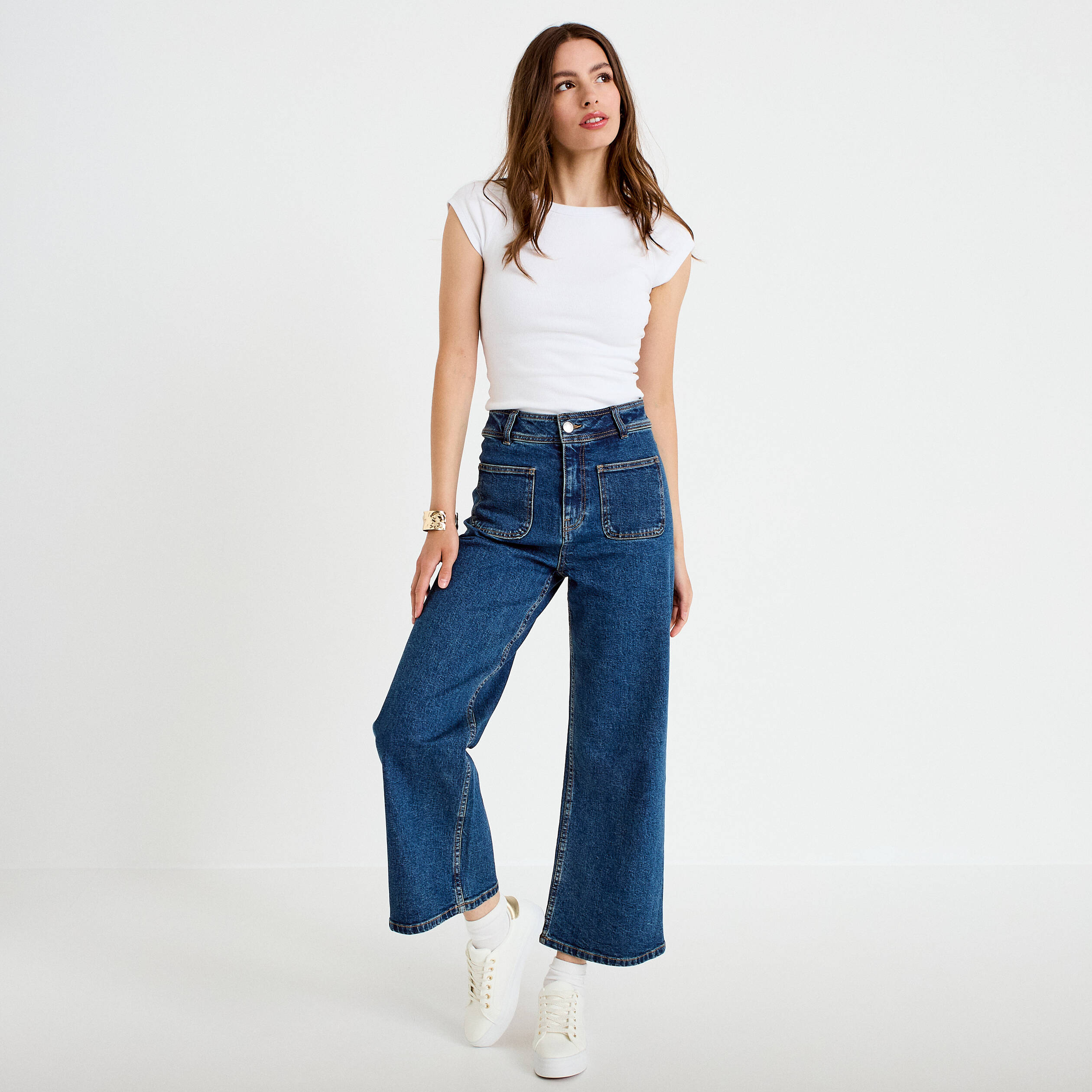 Jean wide leg cropped taille haute denim stone femme