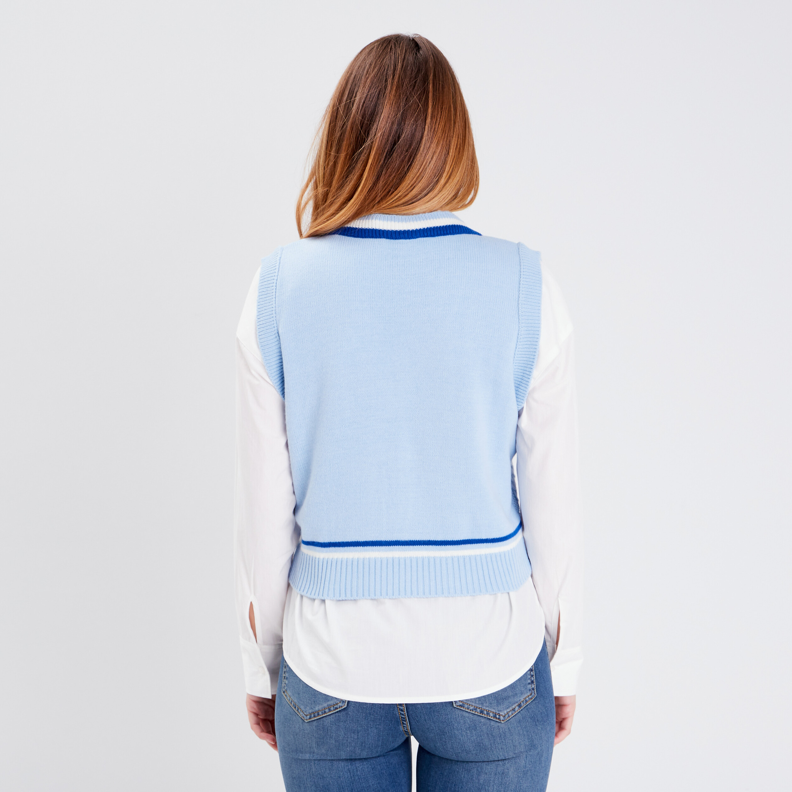 Pull Sans Manches Moulant Femme PappillonneCollection - Bleu Avec Pompons, Taille S/M, Neuf Avec étiquettes