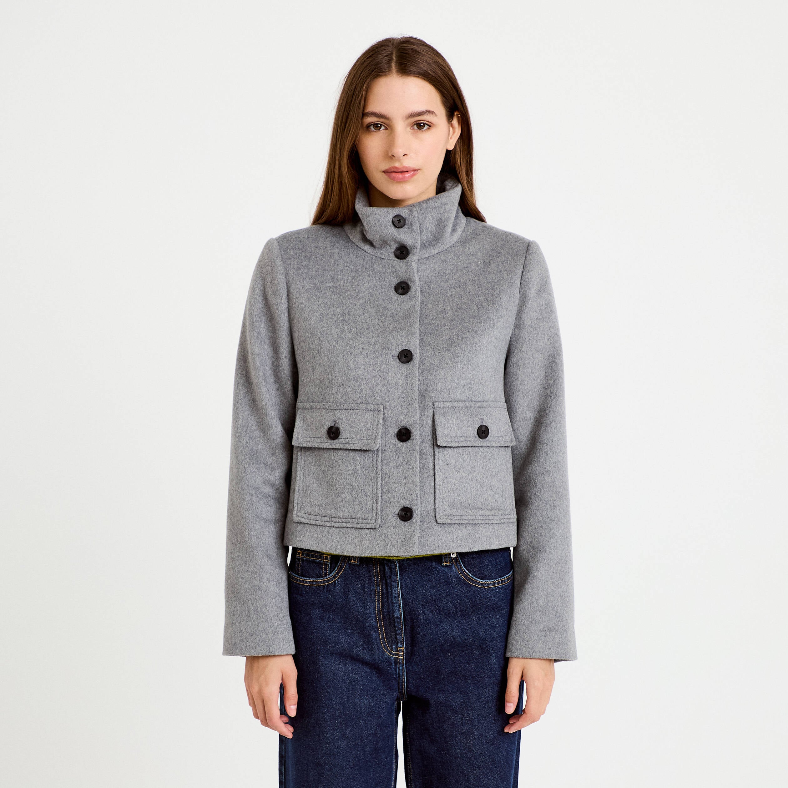 Veste courte aspect laineux gris femme