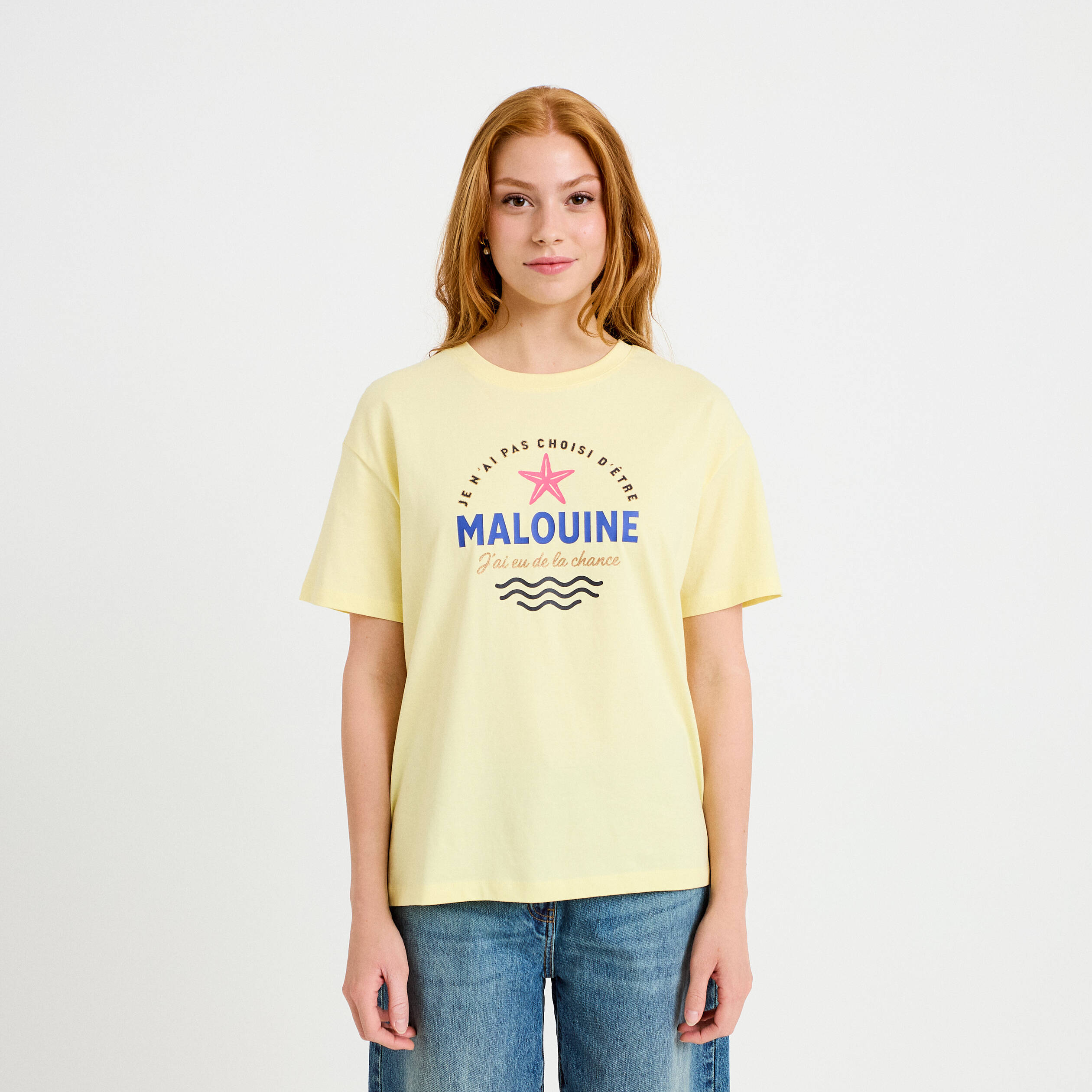 T-shirt col rond manches courtes jaune pastel femme