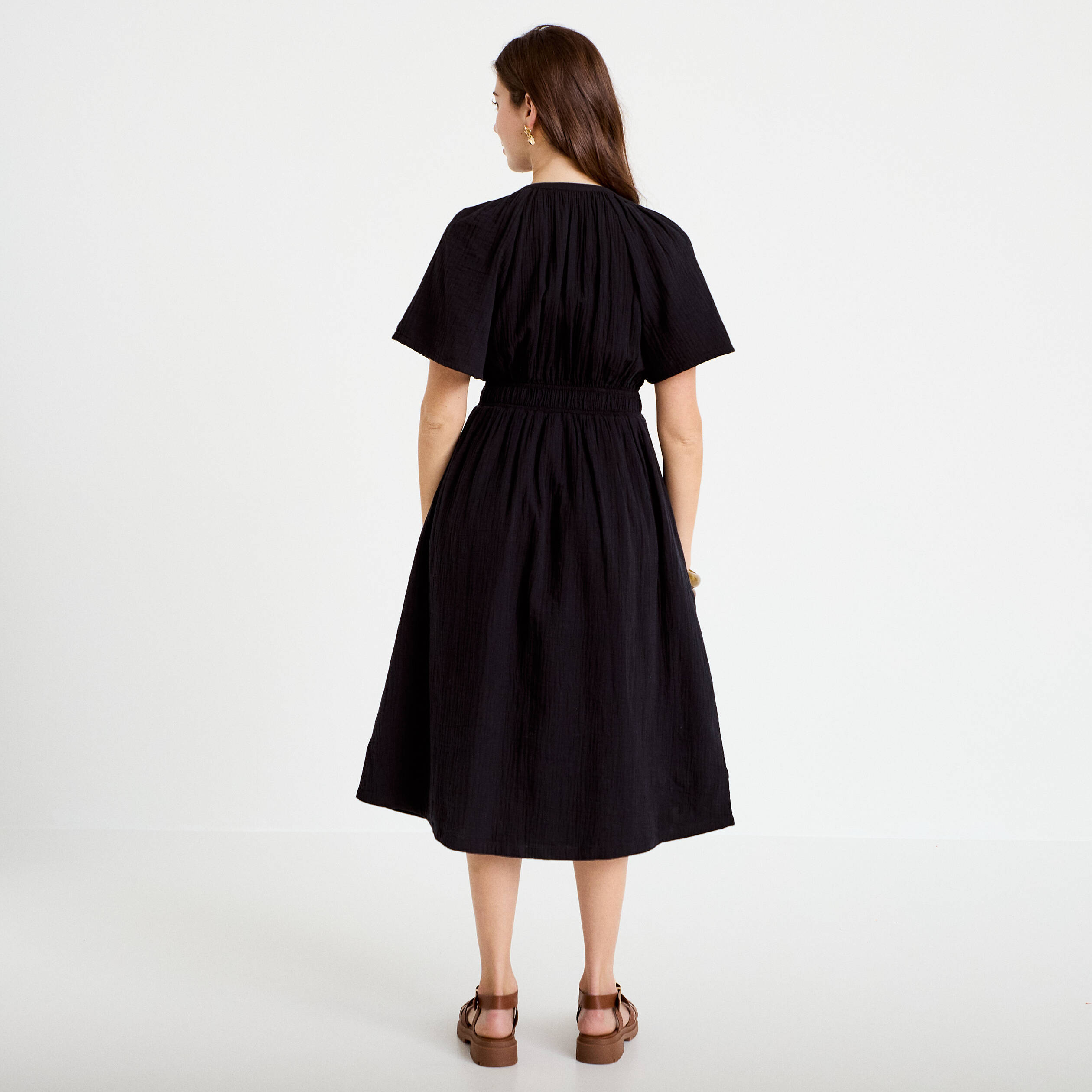 Robe midi pliss&eacute;e col v manches courtes noir femme