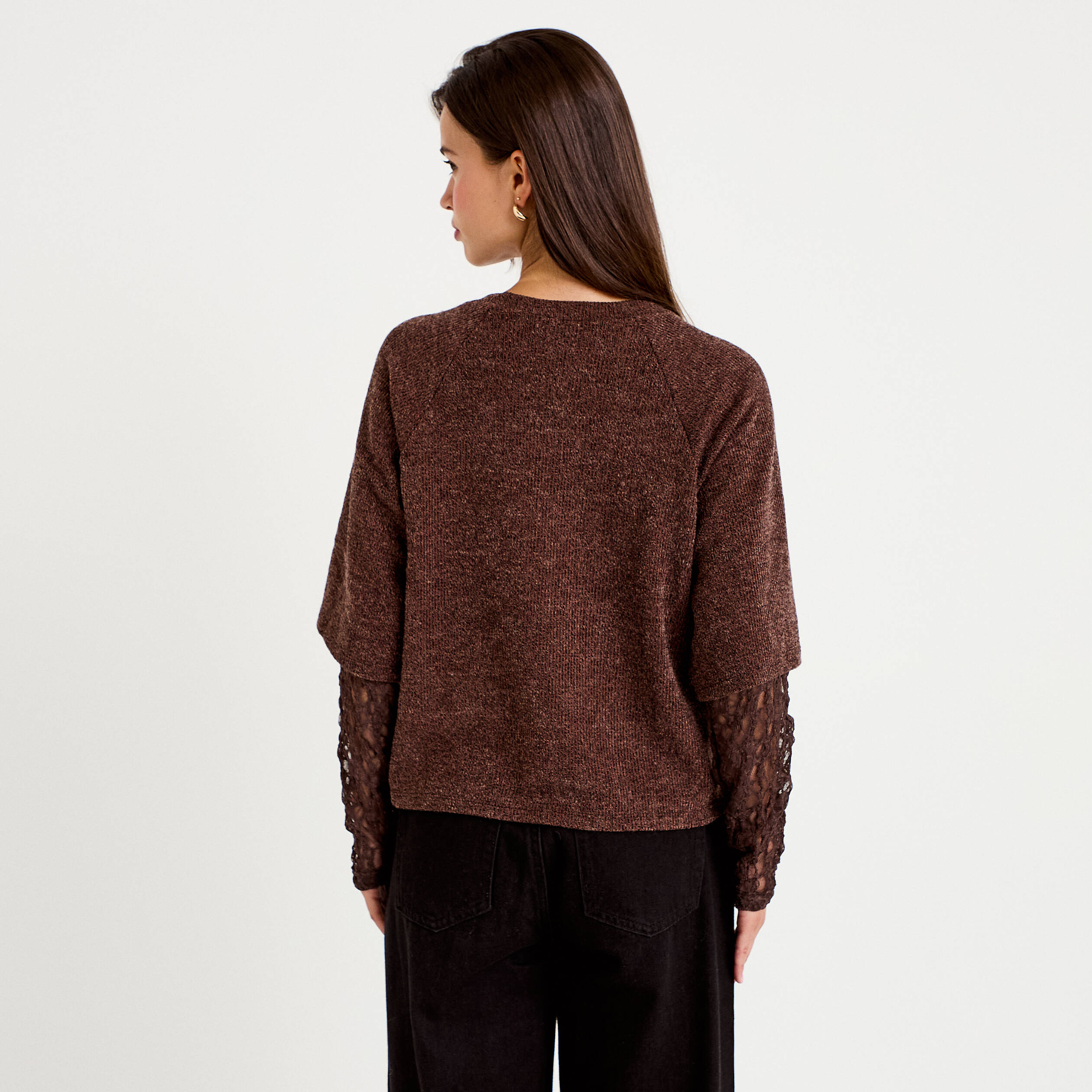 Top bi-mati&egrave;re dentelle col rond marron fonc&eacute; femme