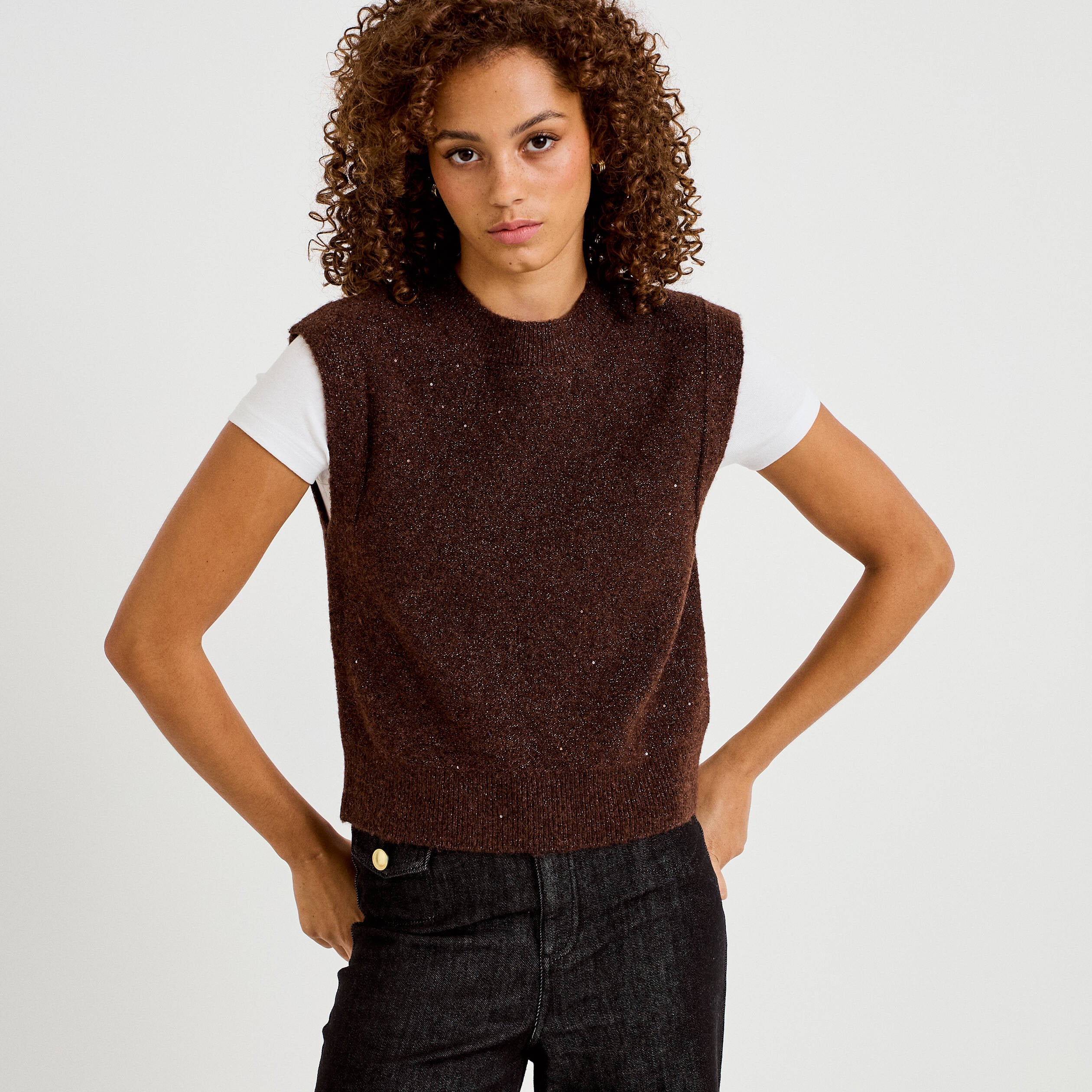 D&eacute;bardeur col rond avec sequin bordeaux femme