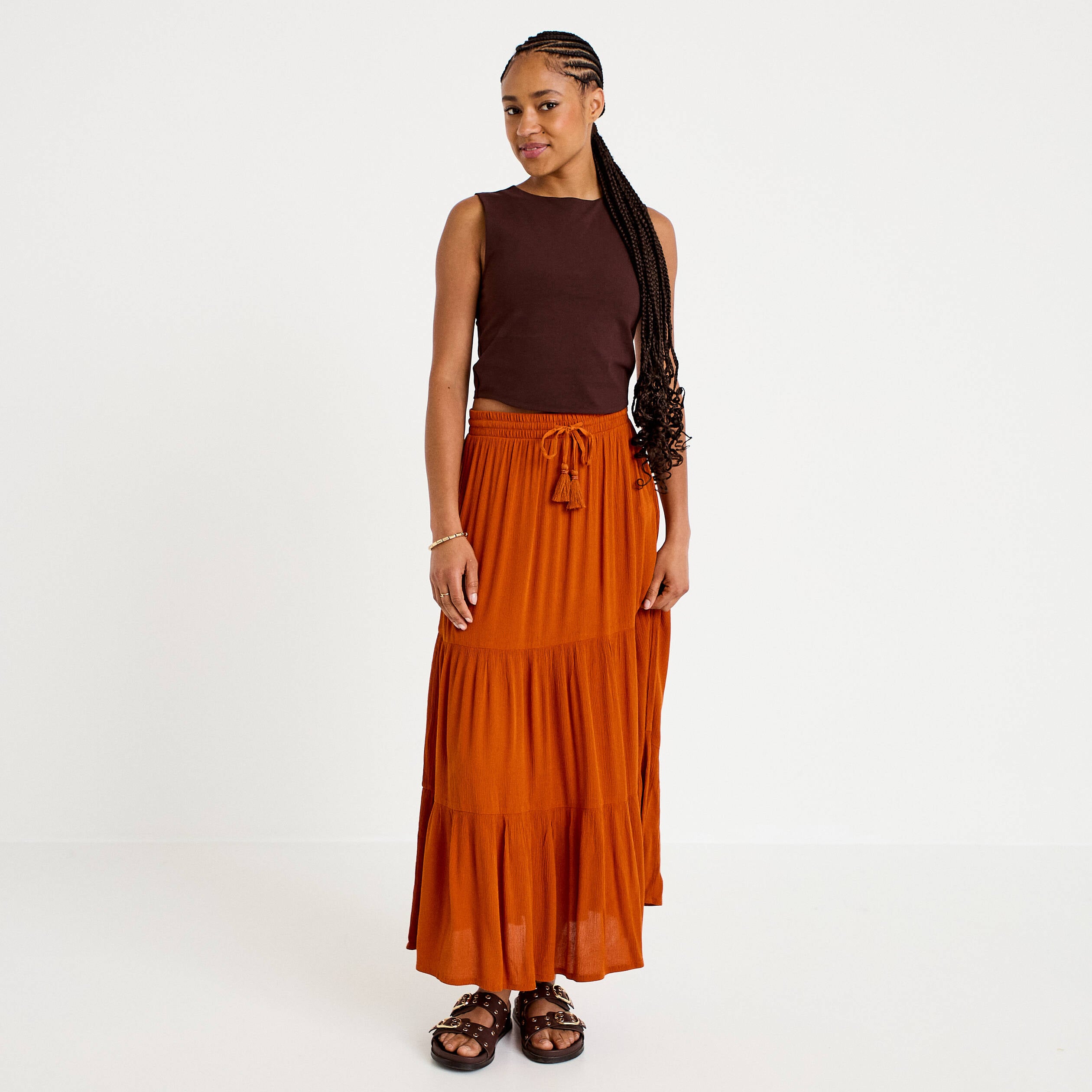 Jupe longue pliss&eacute;e &eacute;vas&eacute;e orange fonc&eacute; femme