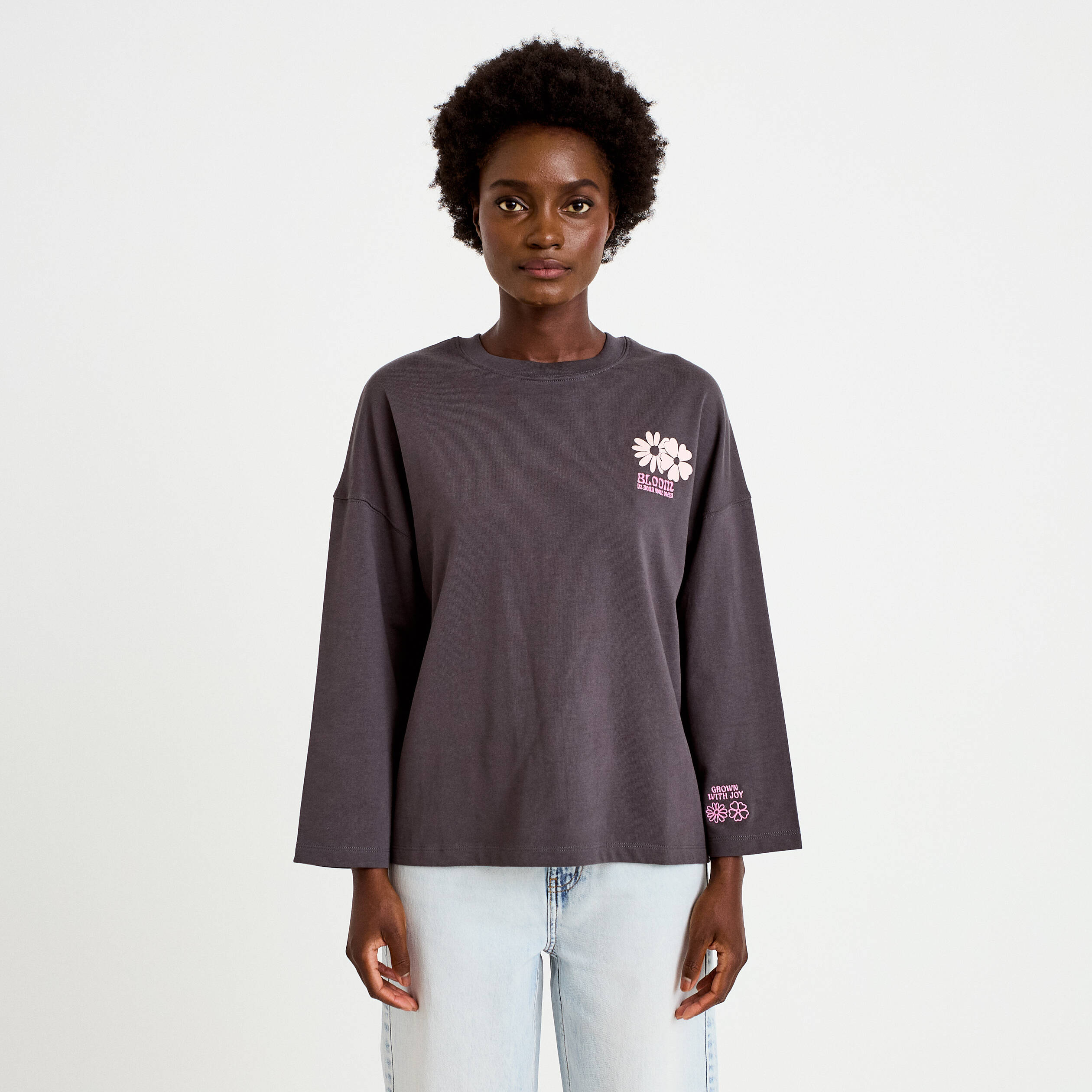 Sweat oversize col rond manches longues gris fonc&eacute; femme