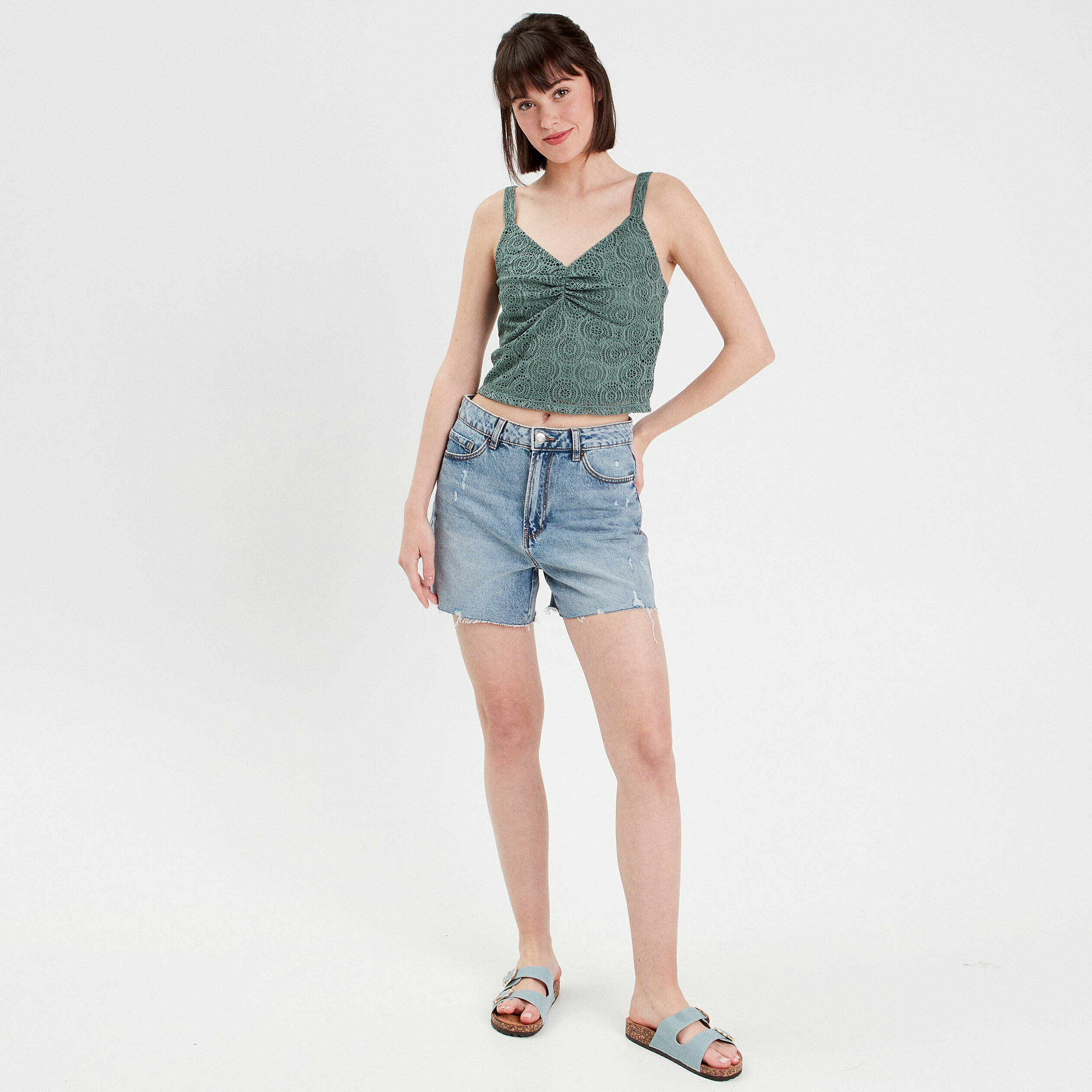 D&eacute;bardeur cropped dentelle vert fonc&eacute; femme