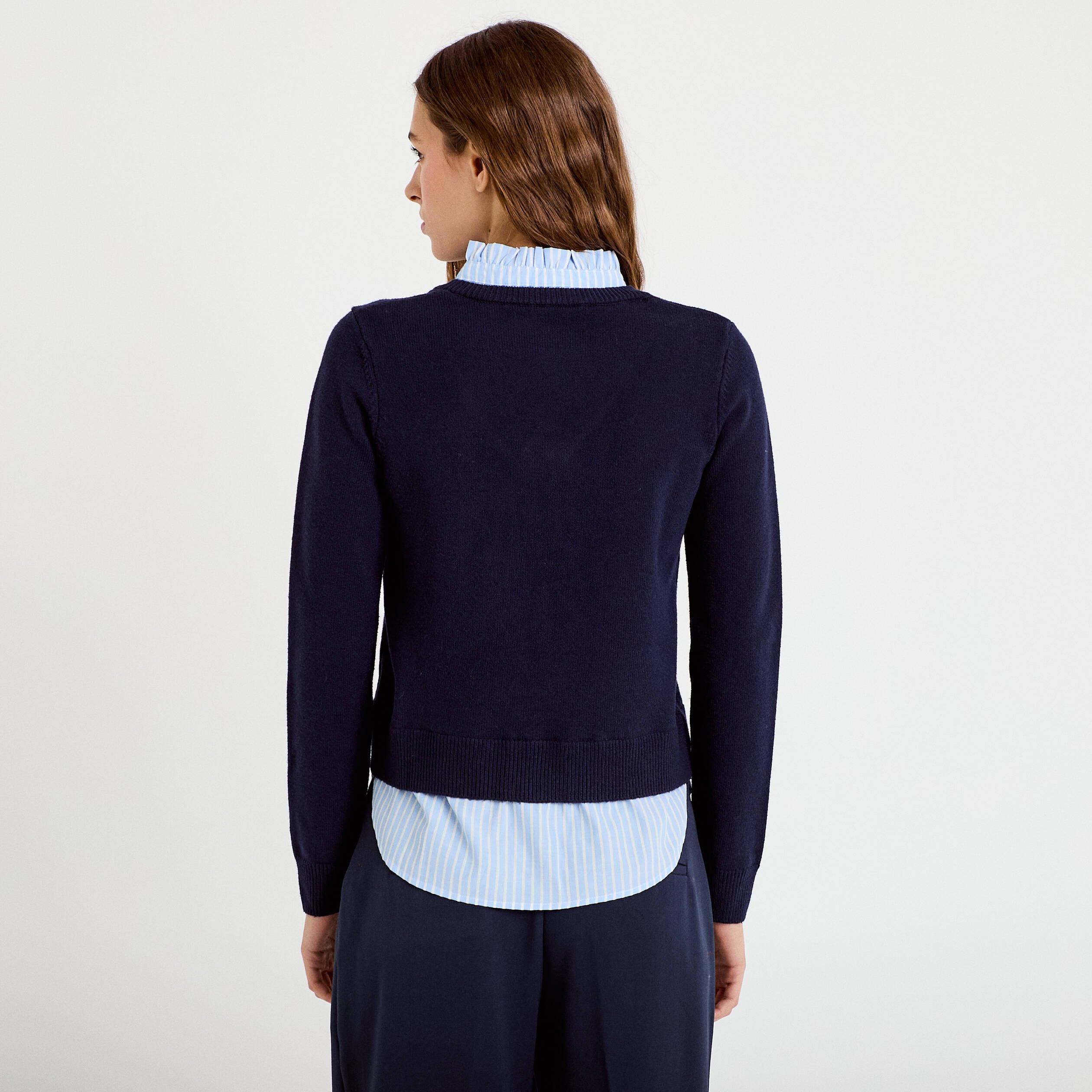 Pantalon large taille haute bleu marine femme