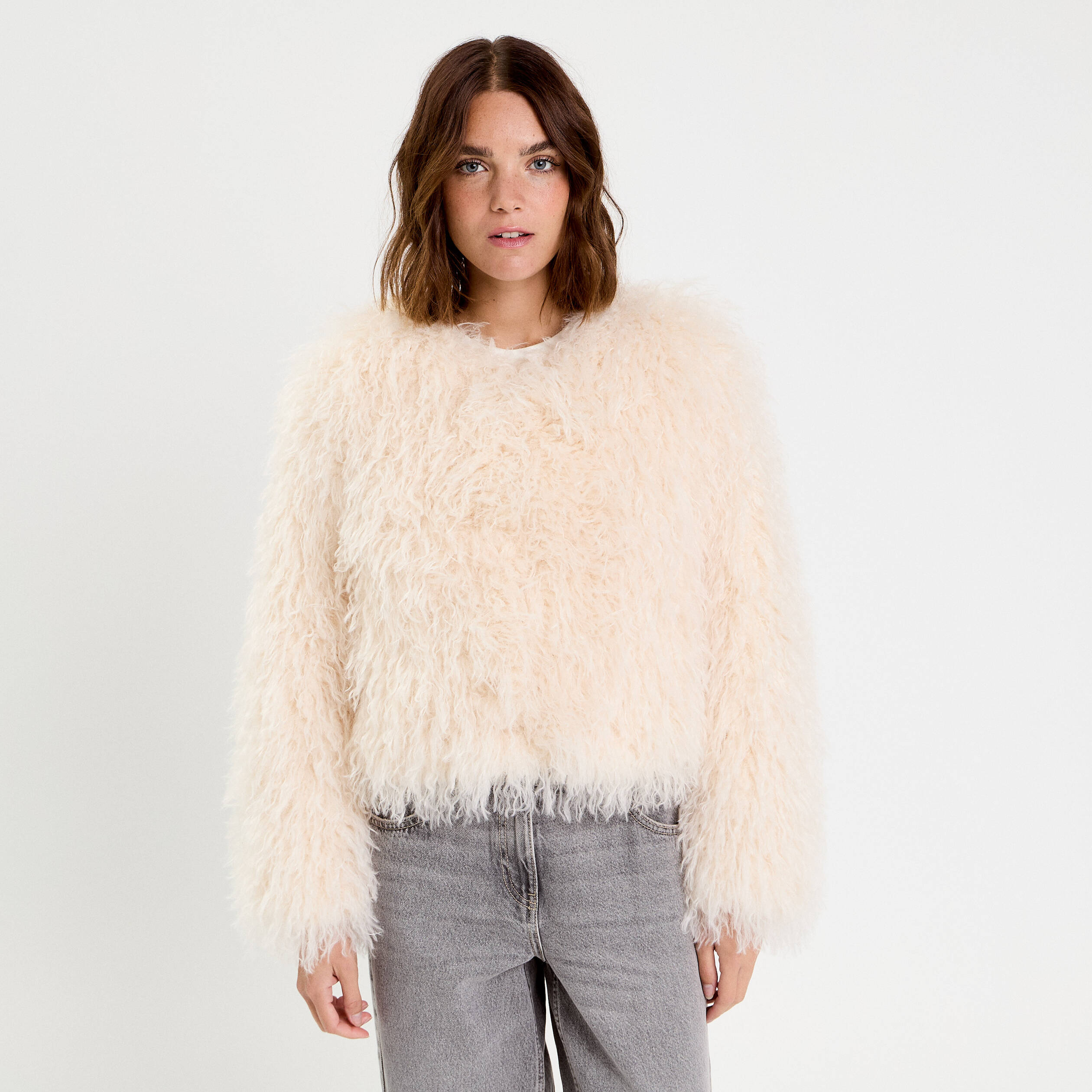 Veste fausse fourrure ecru femme