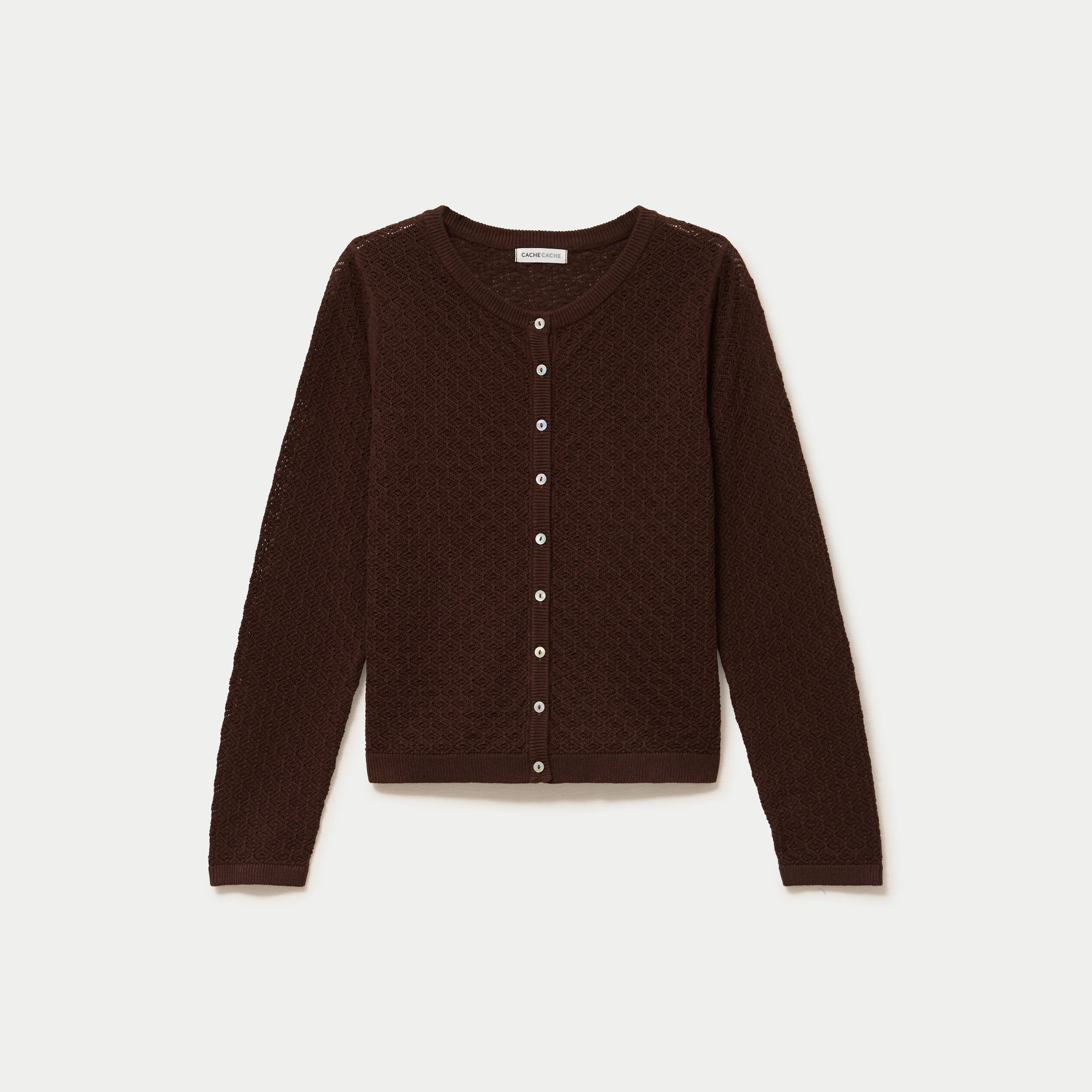 Gilet ajour&eacute; manches longues dentelle marron fonc&eacute; femme