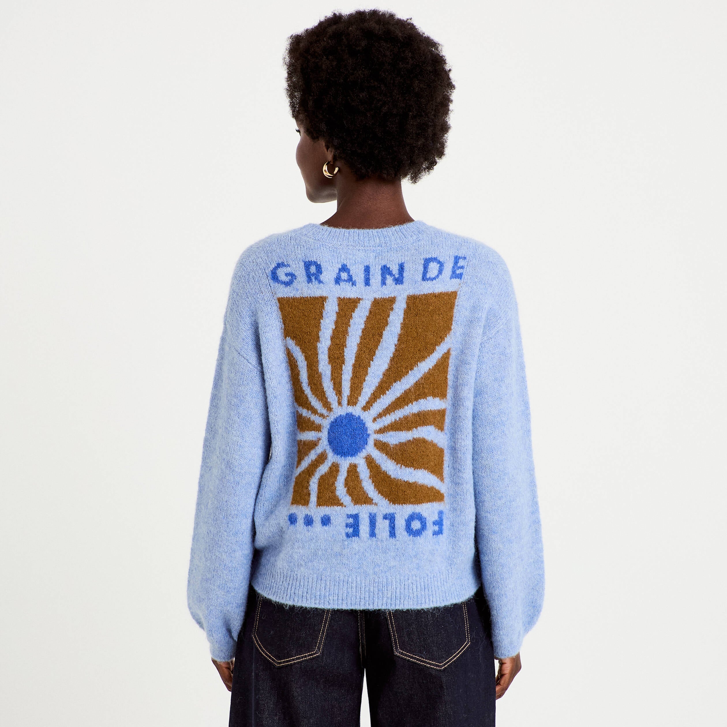 Pull ample col rond manches longues bleu ciel femme