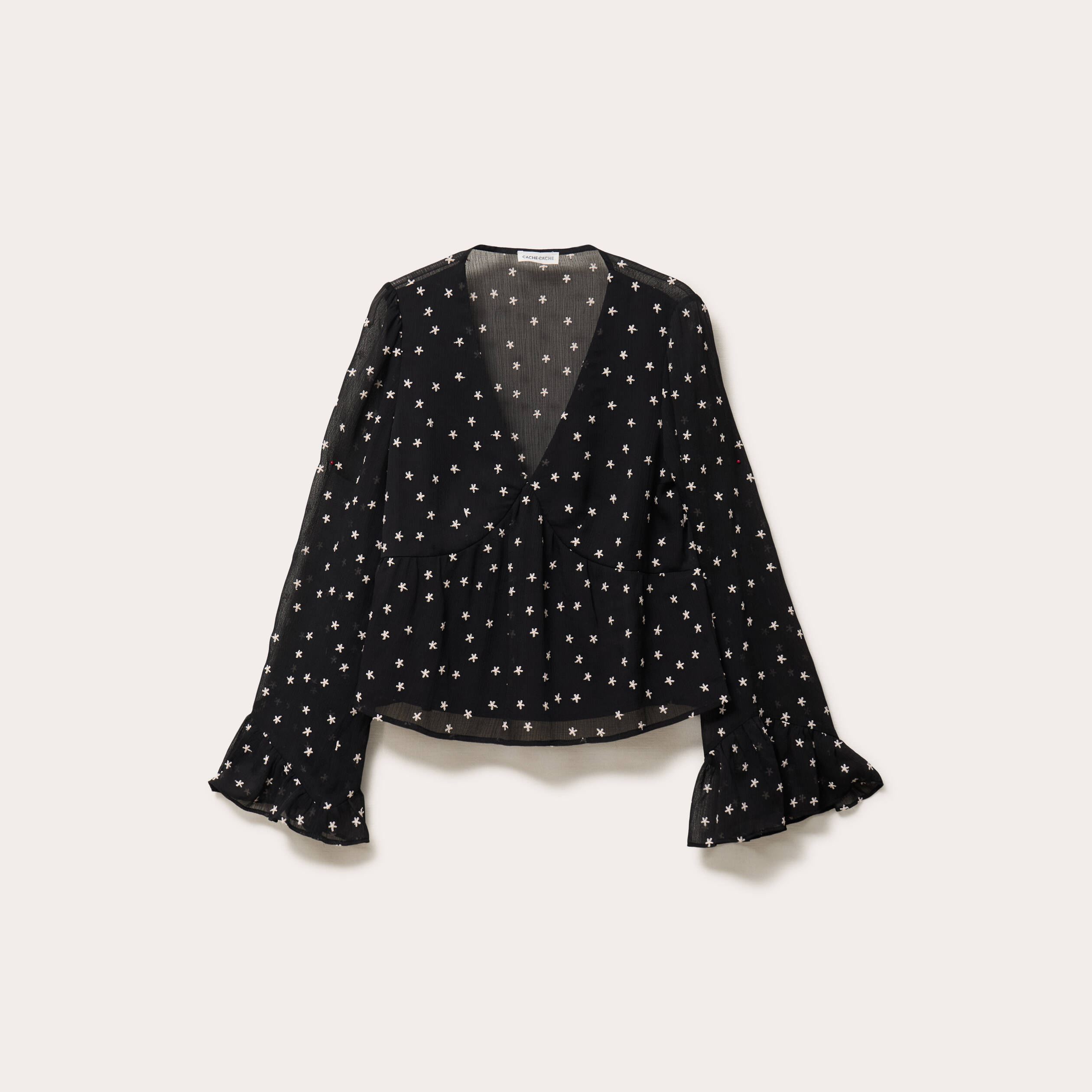 Blouse brod&eacute;e volant&eacute;e noir femme