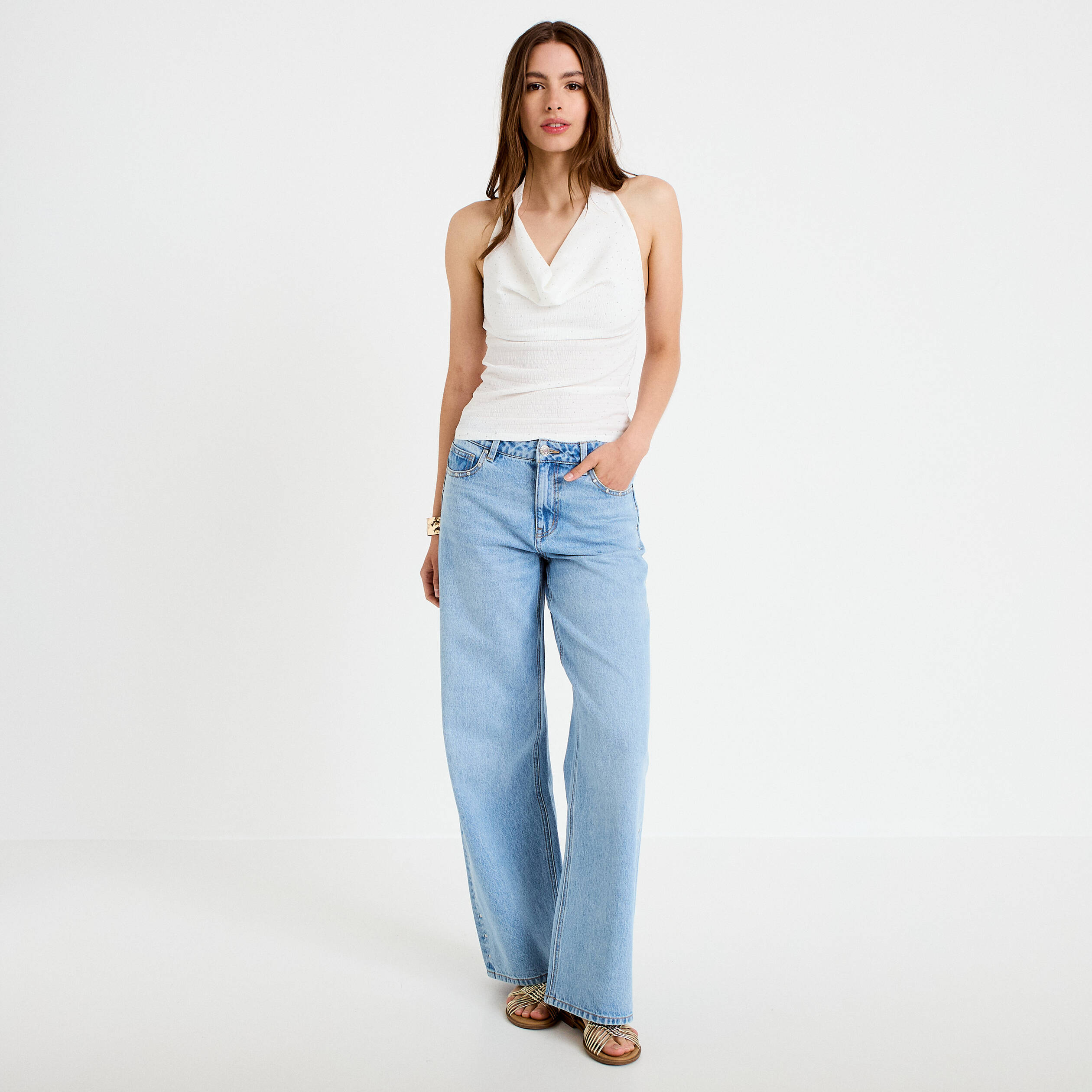 Top ajust&eacute; sans manches col b&eacute;nitier ecru femme