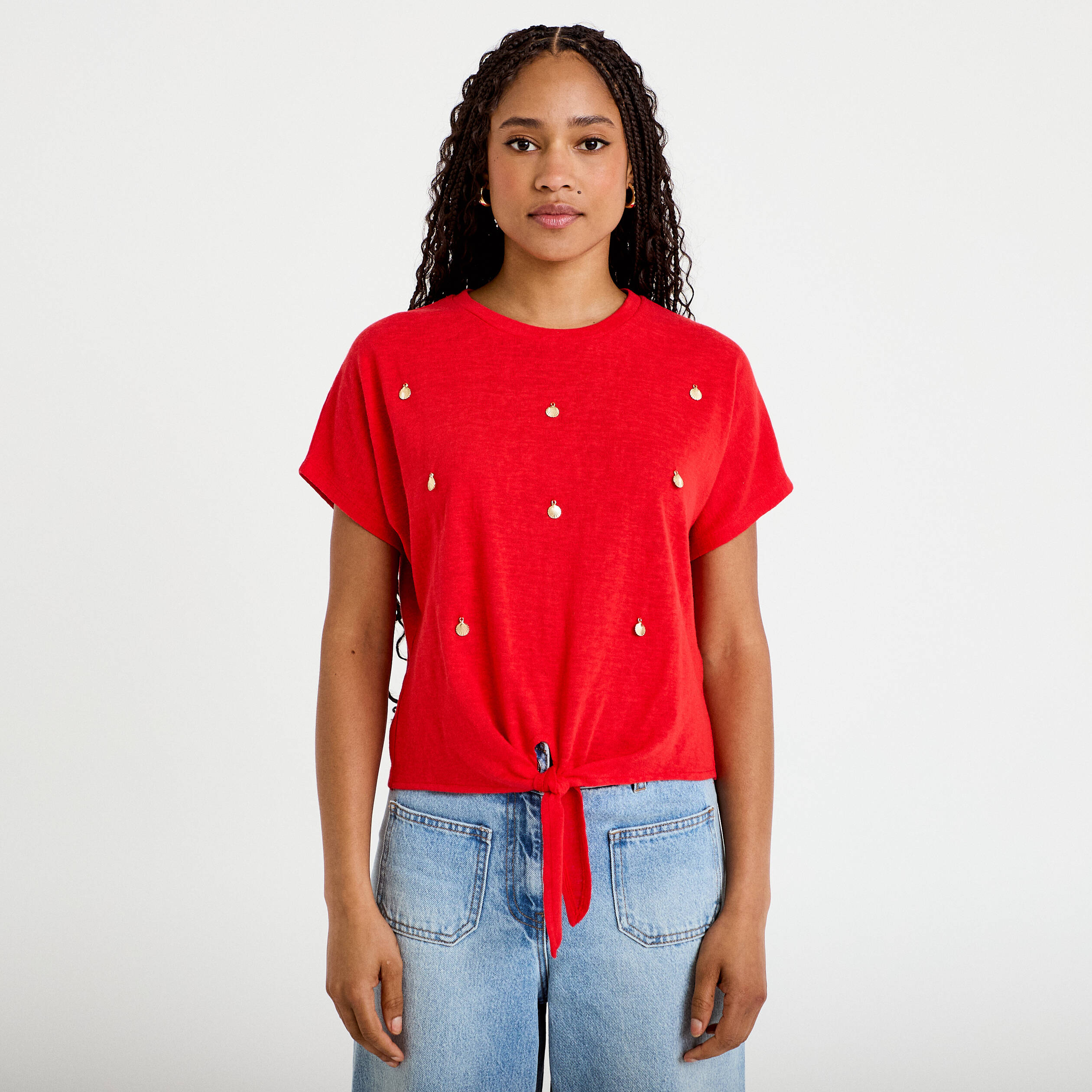 T-shirt col rond manches courtes noeuds rouge femme