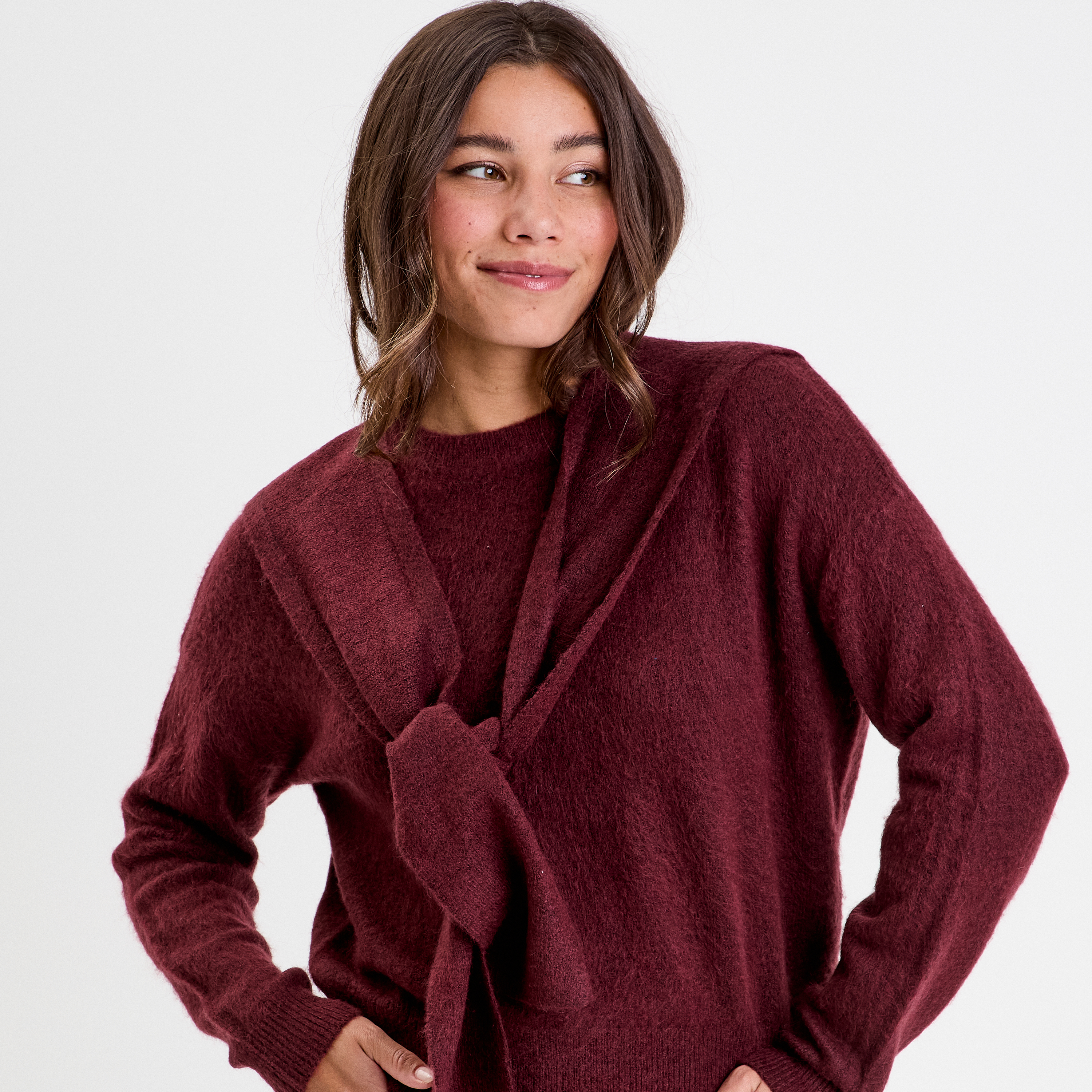 Pull &agrave; capuche manches longues violet fonc&eacute; femme