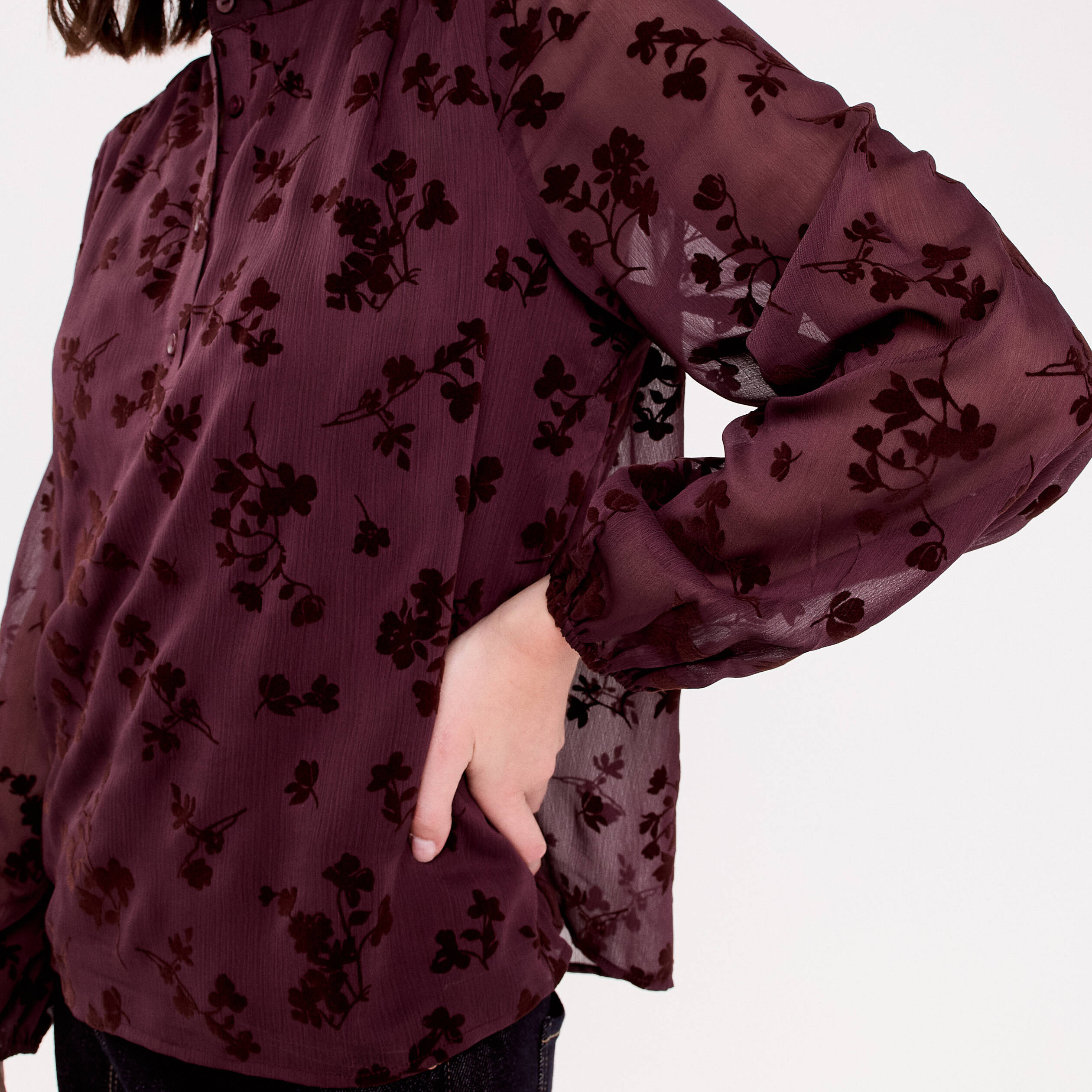 Blouse fluide manches longues marron cognac femme
