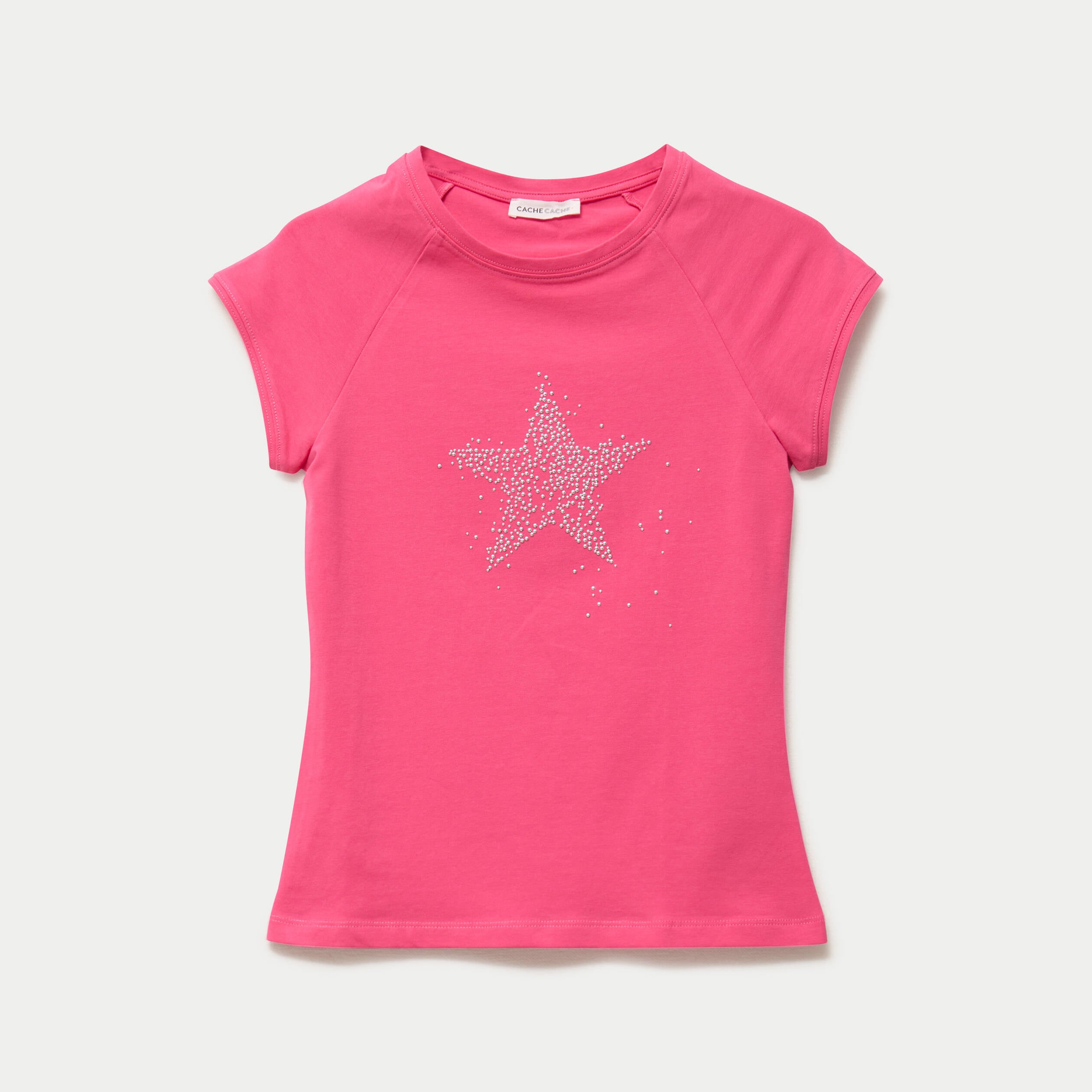 T-shirt ajust&eacute; court col rond rose fushia femme