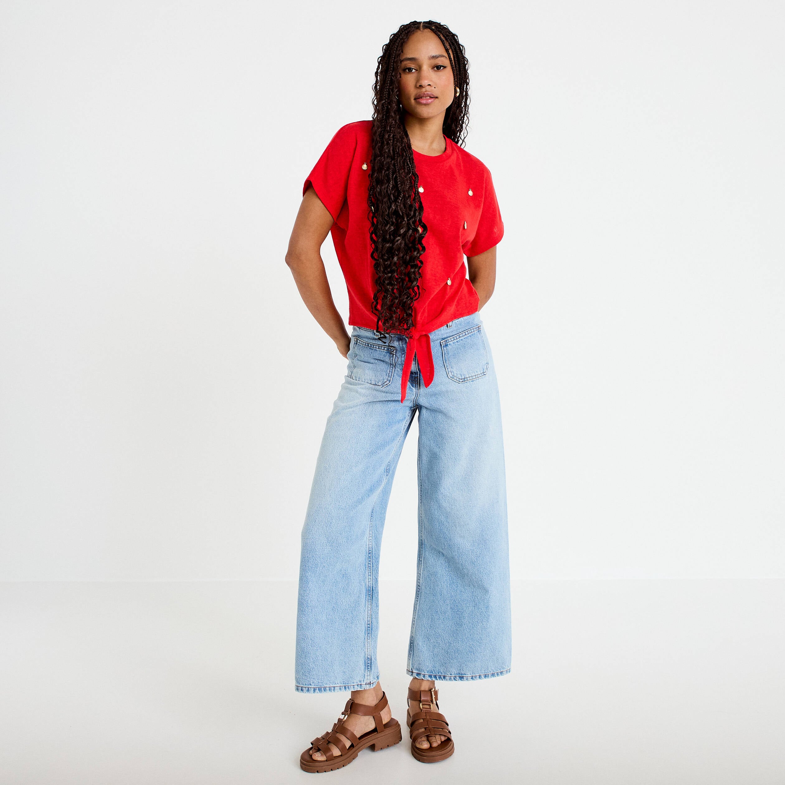 T-shirt col rond manches courtes noeuds rouge femme