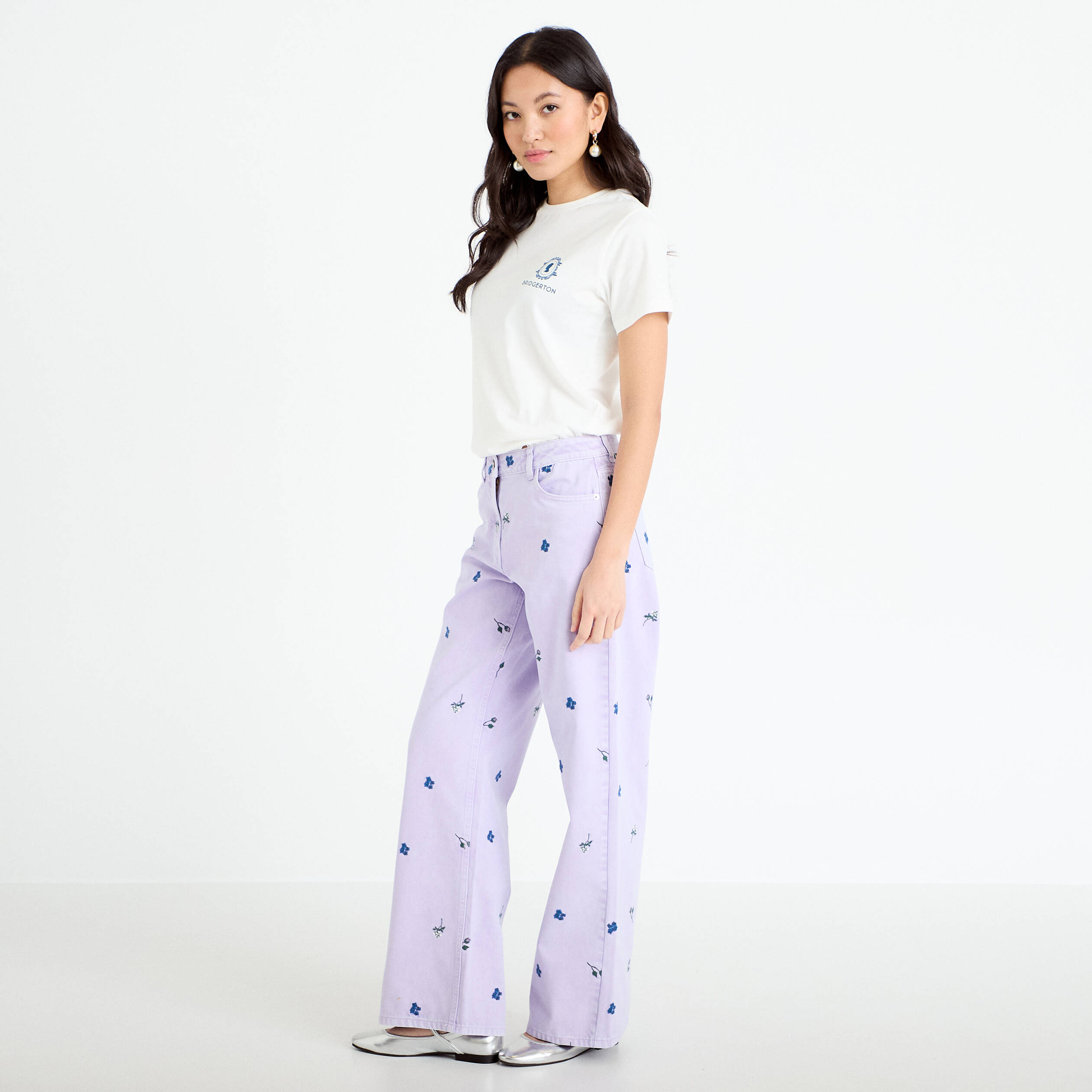 Jean wide leg brod&eacute; Bridgerton mauve femme
