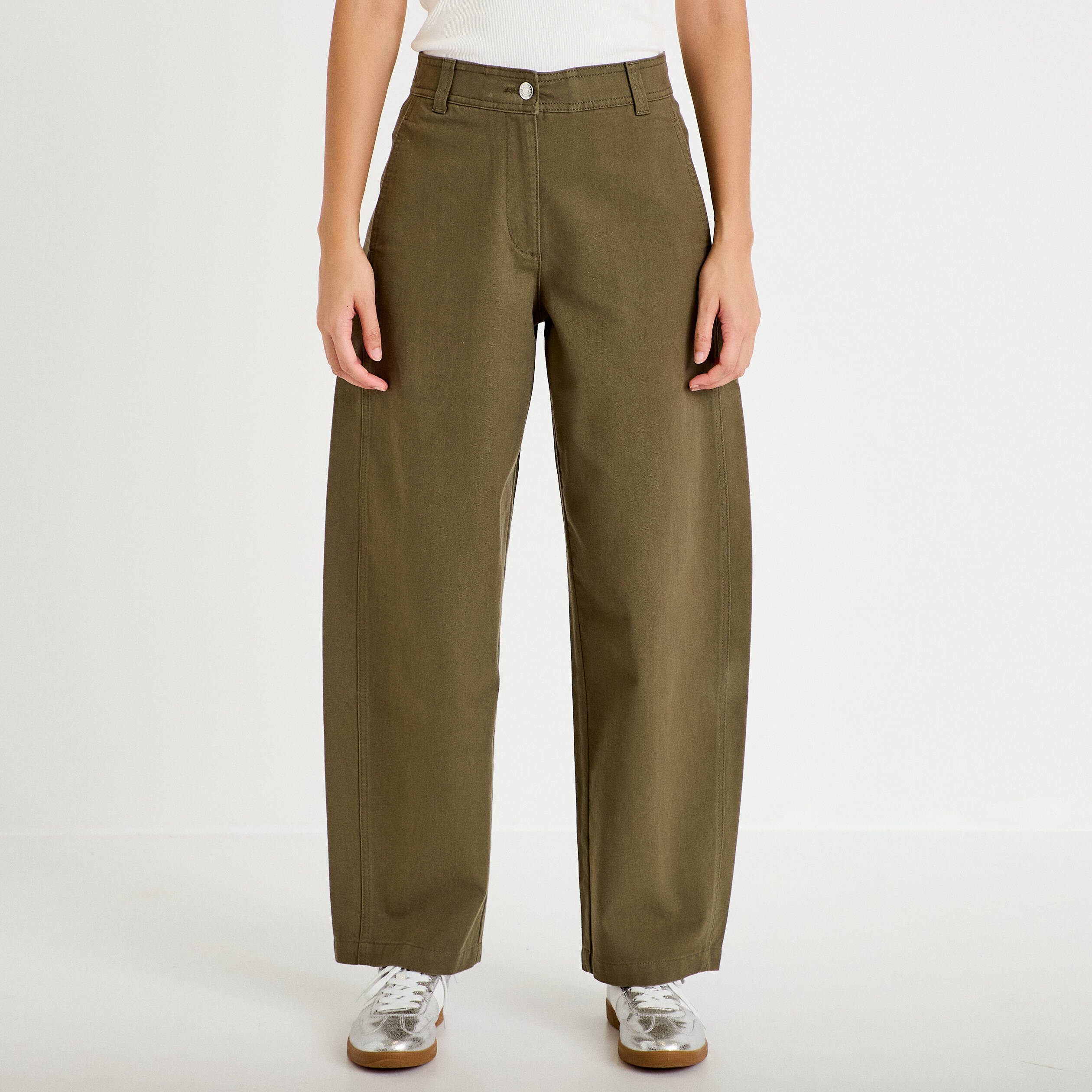 Pantalon chino coupe barrel vert kaki femme