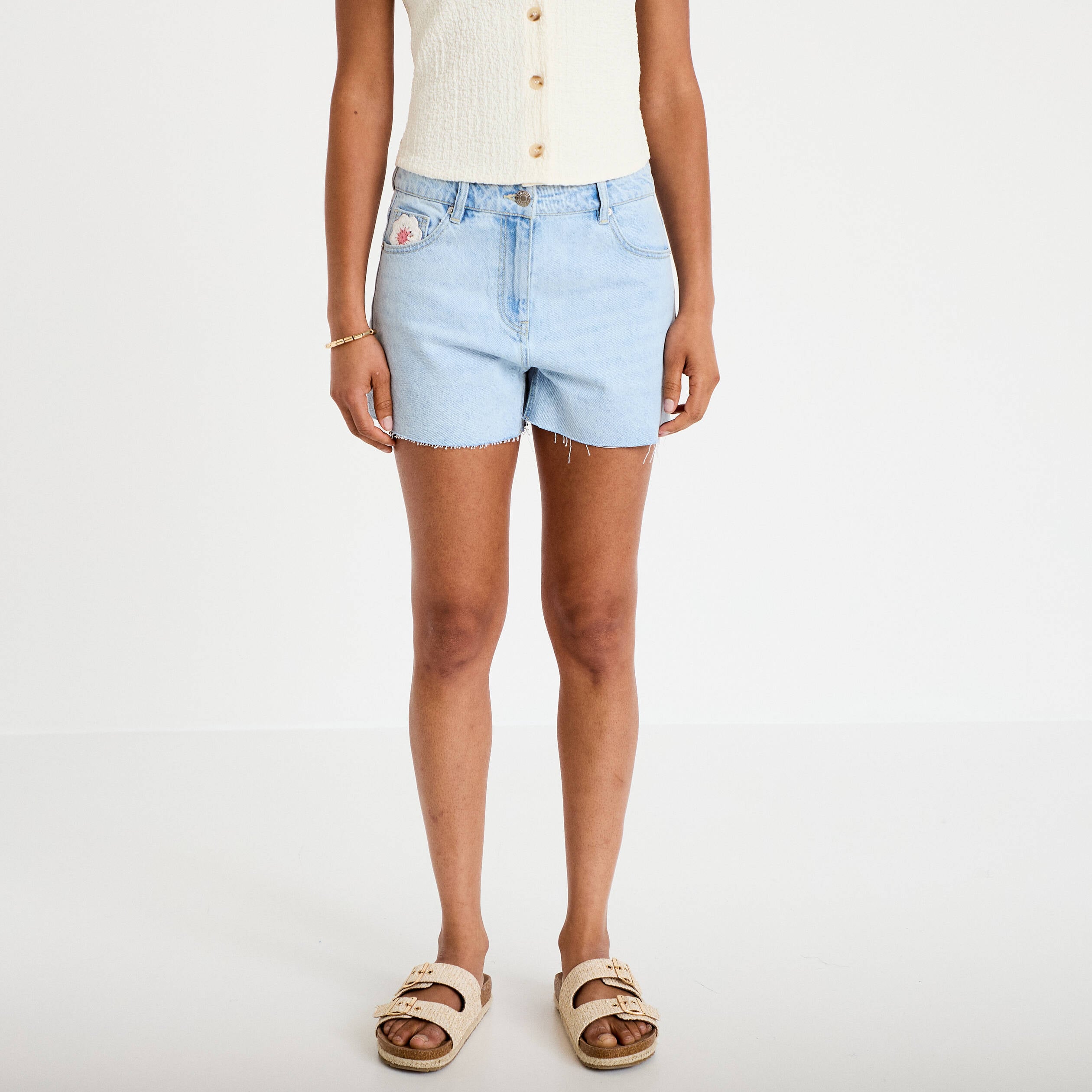 Short en jean taille basse denim bleach femme