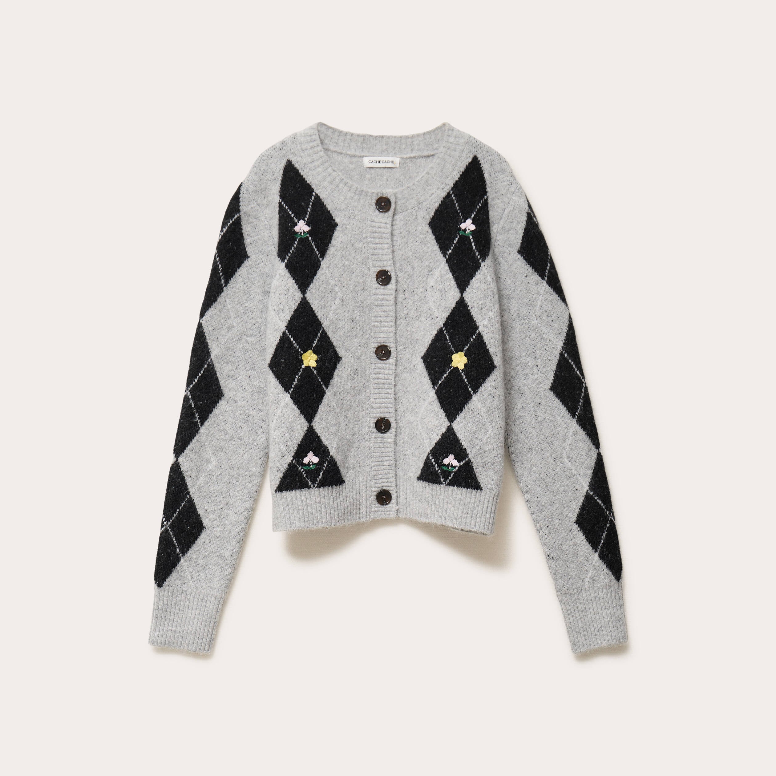 Gilet broderie col rond manches longues gris clair femme