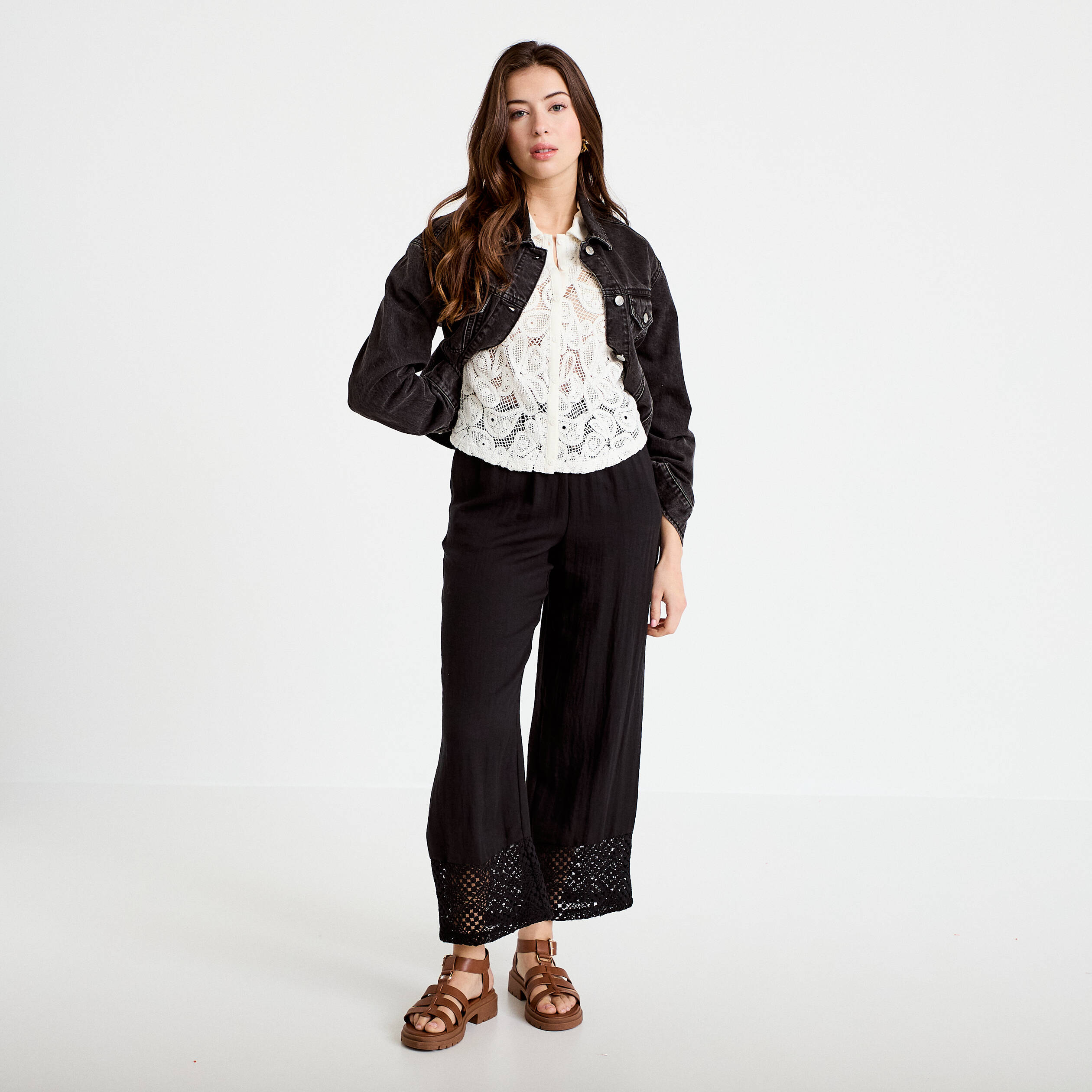 Chemise macram&eacute; manches courtes ecru femme