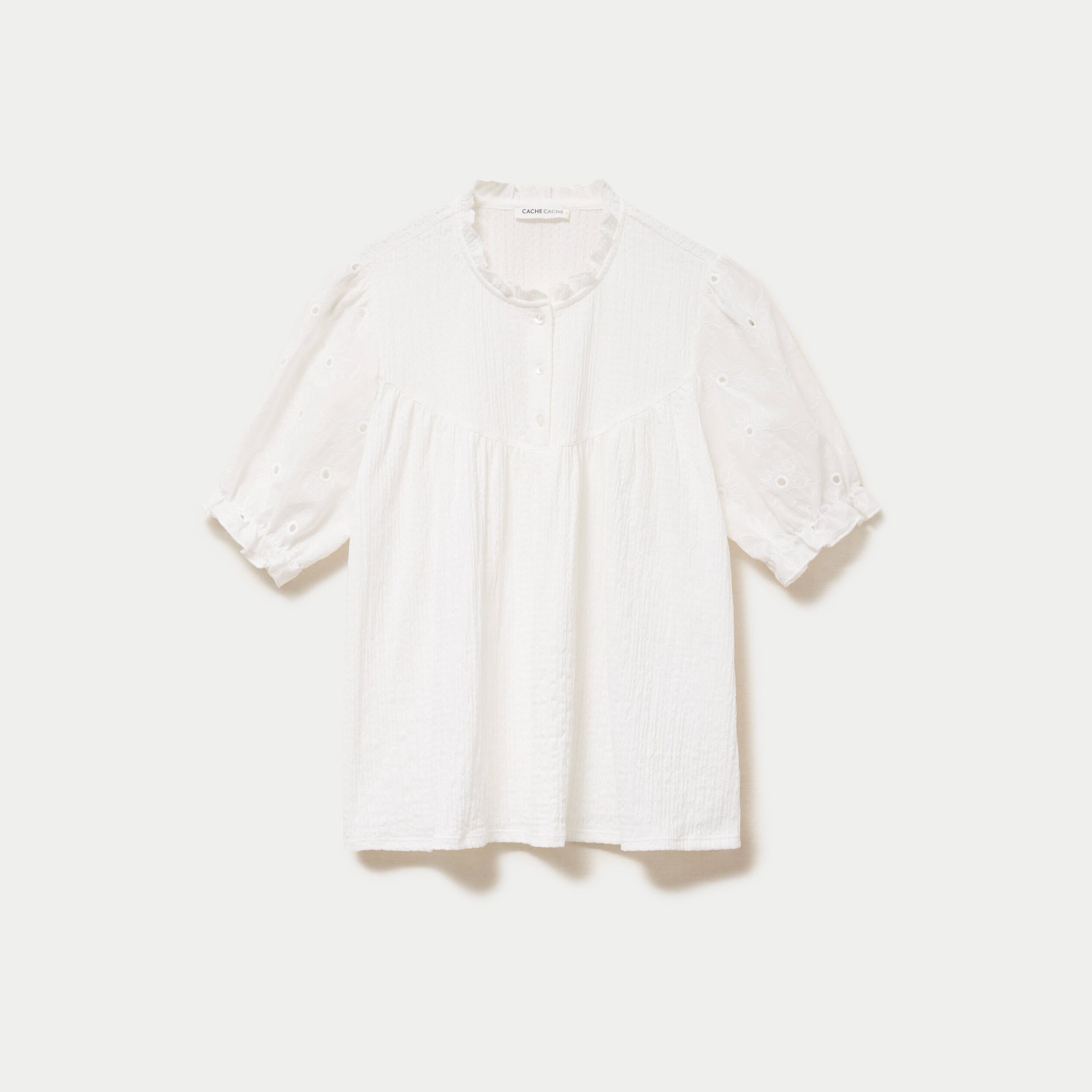 Blouse manches courtes brod&eacute;es ecru femme