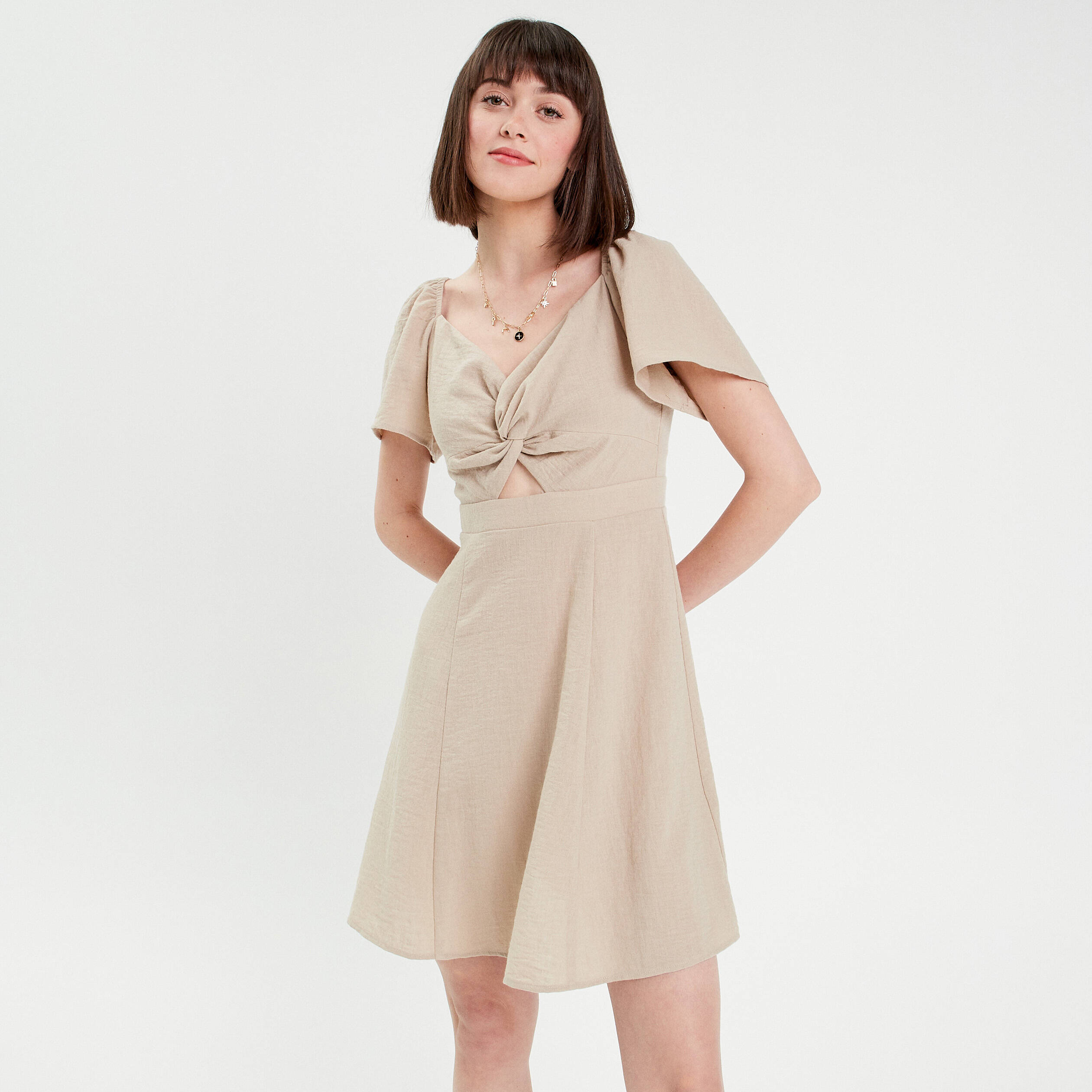 Robe Patineuse Manches Courtes Beige Femme Cache Cache