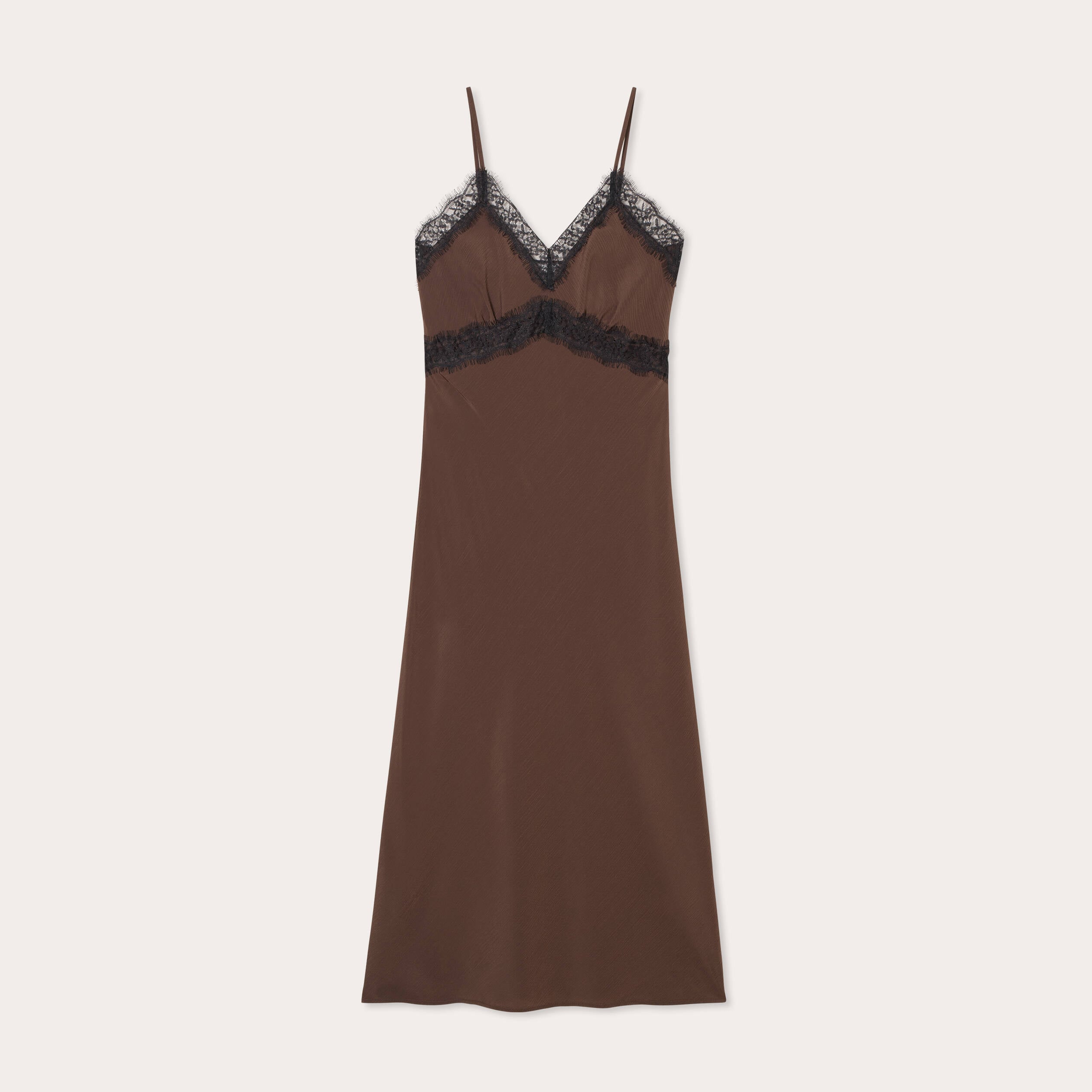 Robe longue ajust&eacute;e dentelle marron fonc&eacute; femme