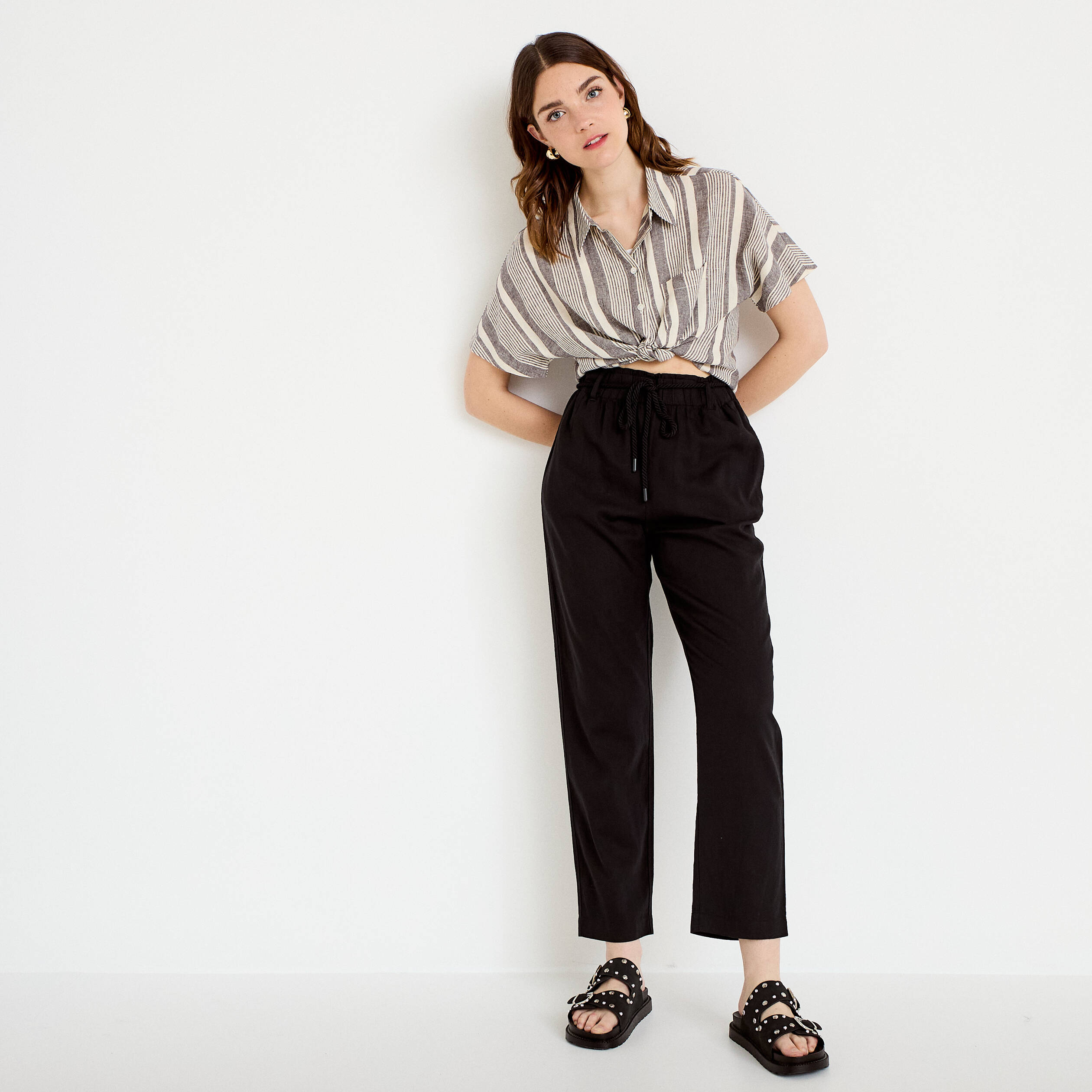 Pantalon large 7/8&egrave;me taille haute noir femme