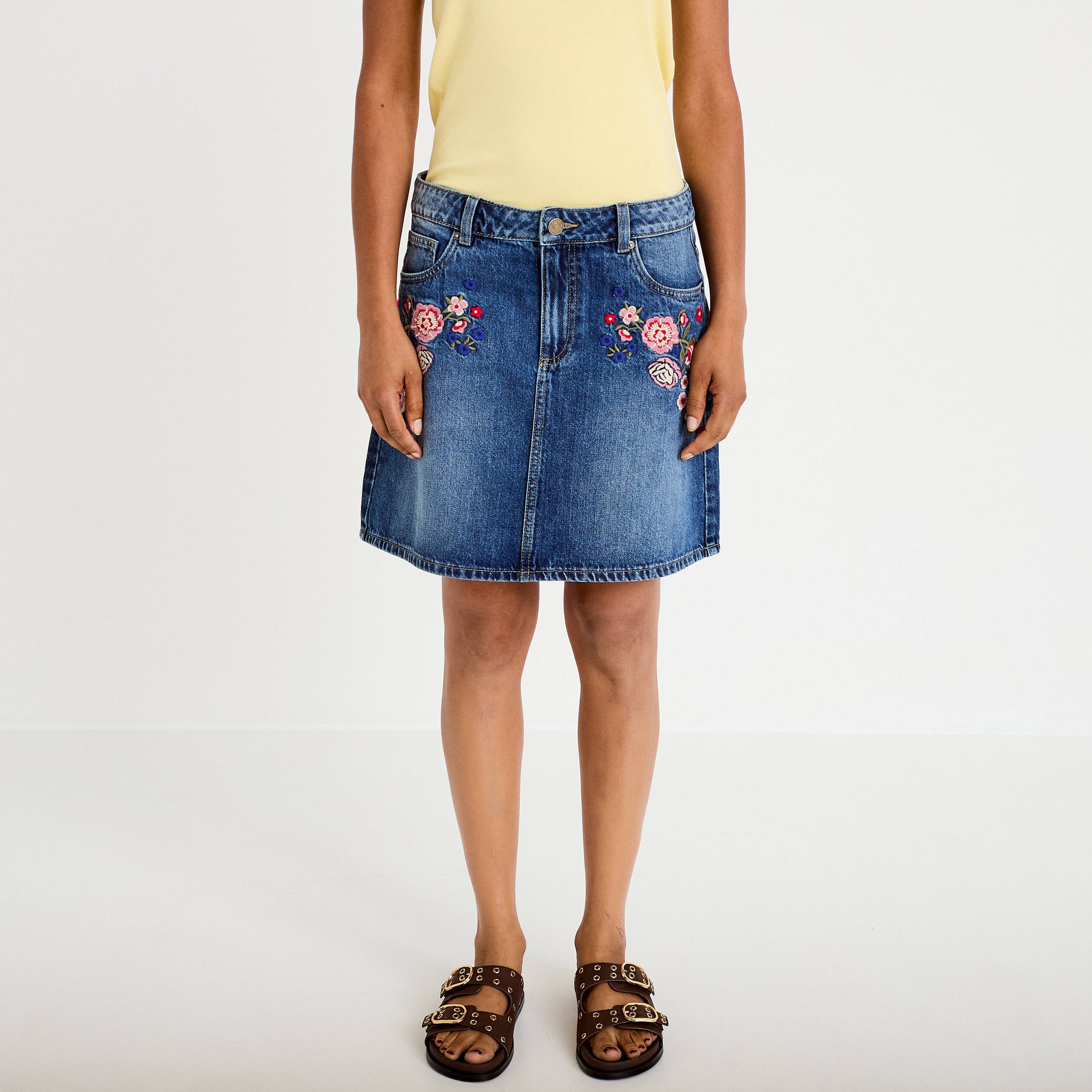 Jupe droite courte en jean denim stone femme