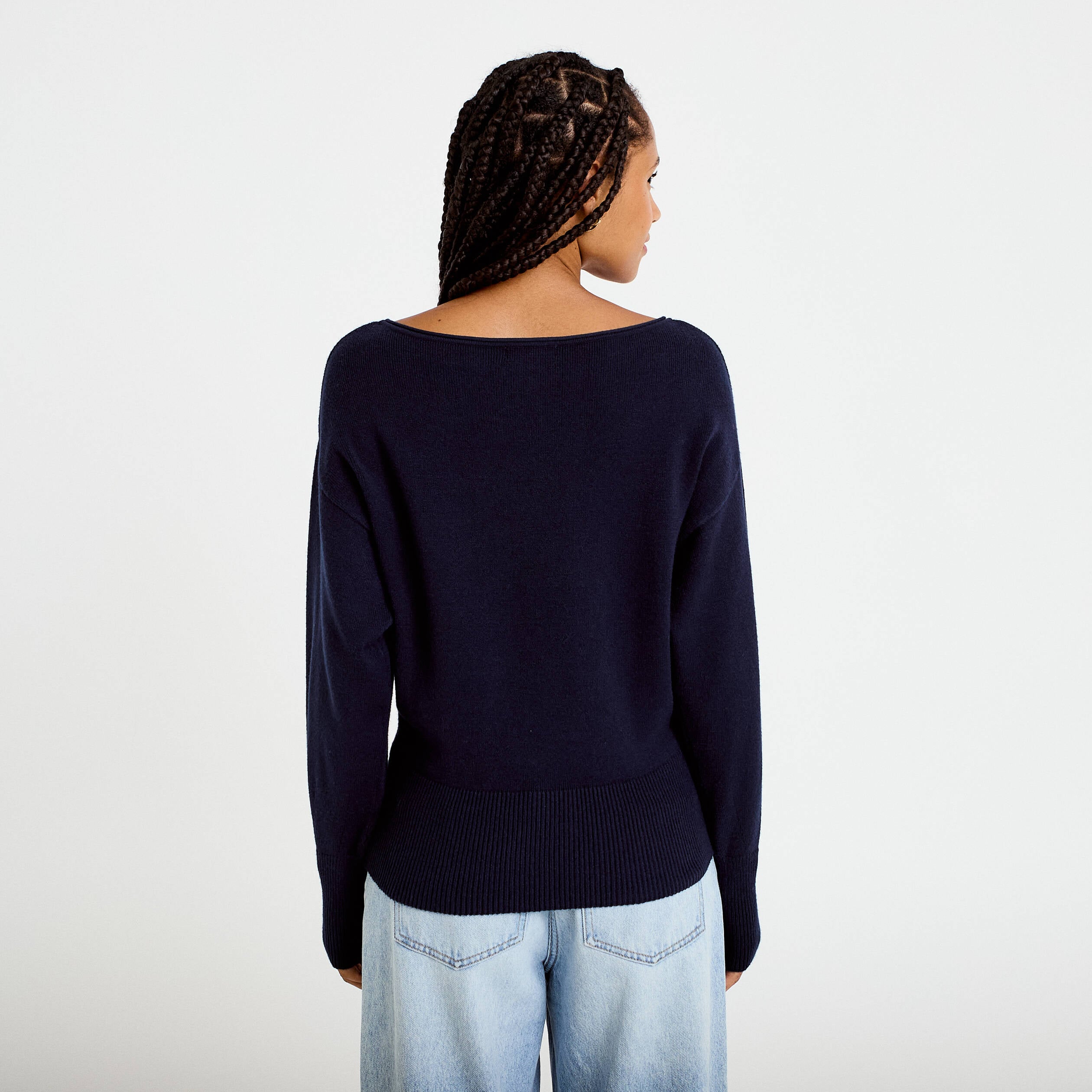 Pull oversize col bateau manches longues bleu marine femme