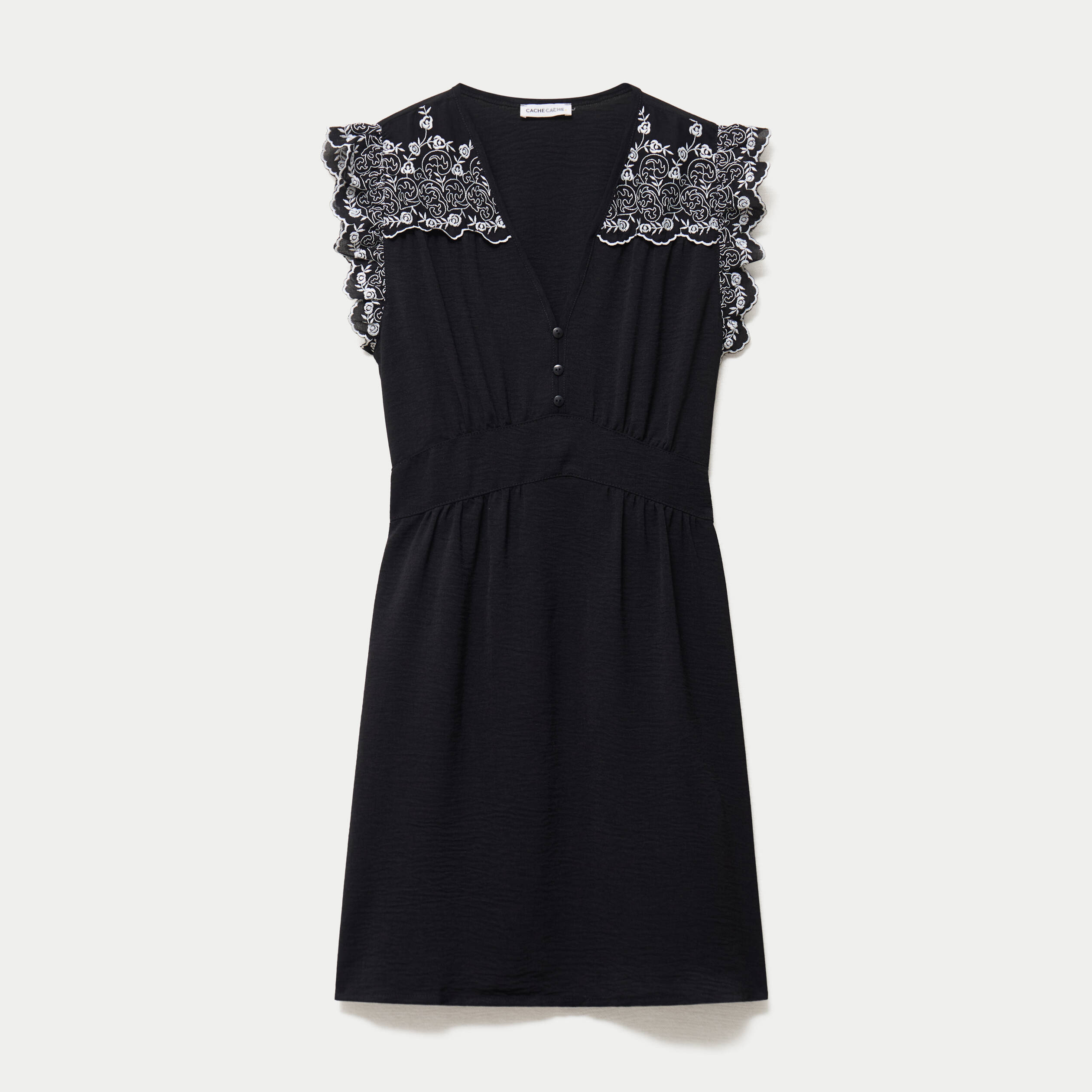 Robe courte &eacute;vas&eacute;e col v manches courtes noir femme