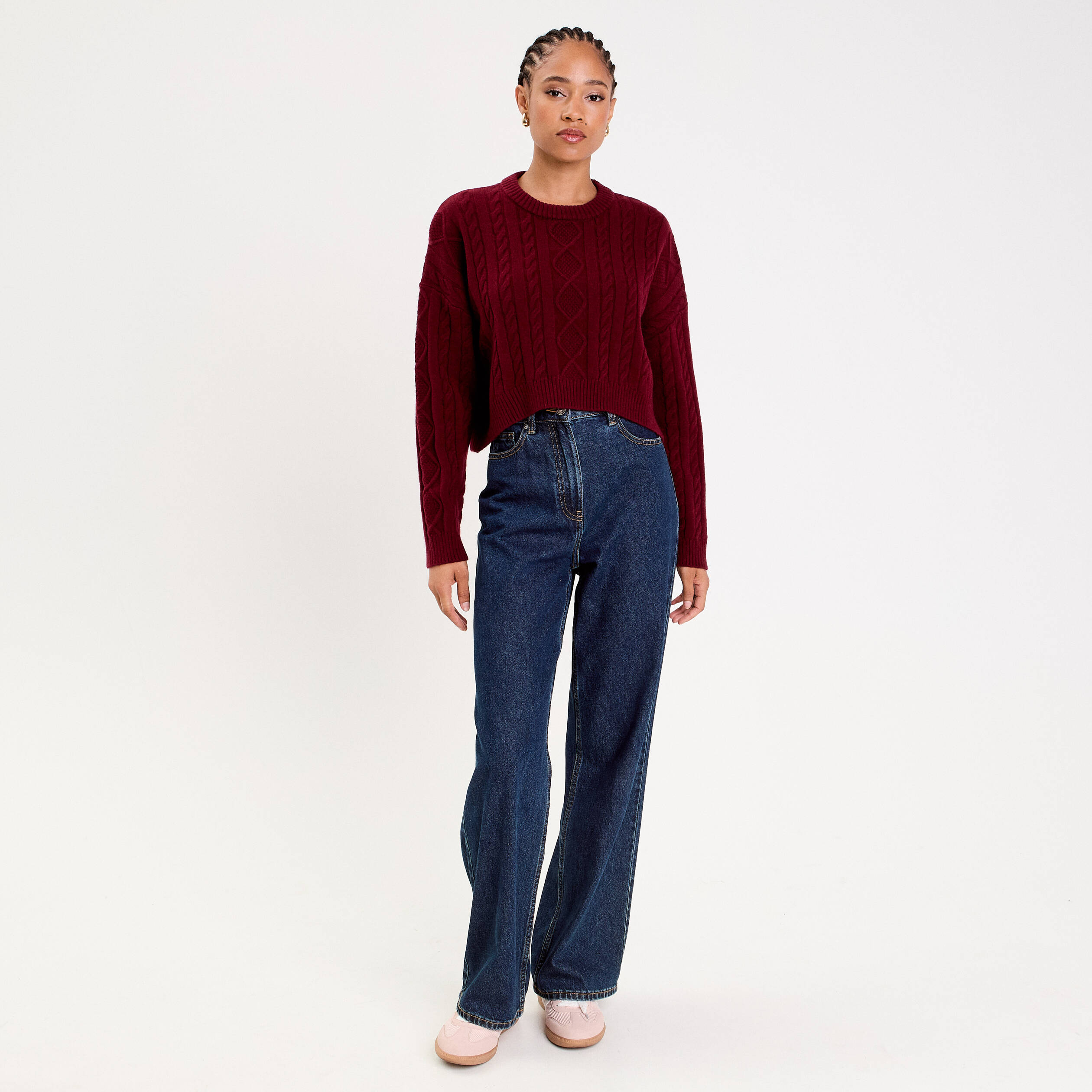 Pull avec torsades rouge fonc&eacute; femme