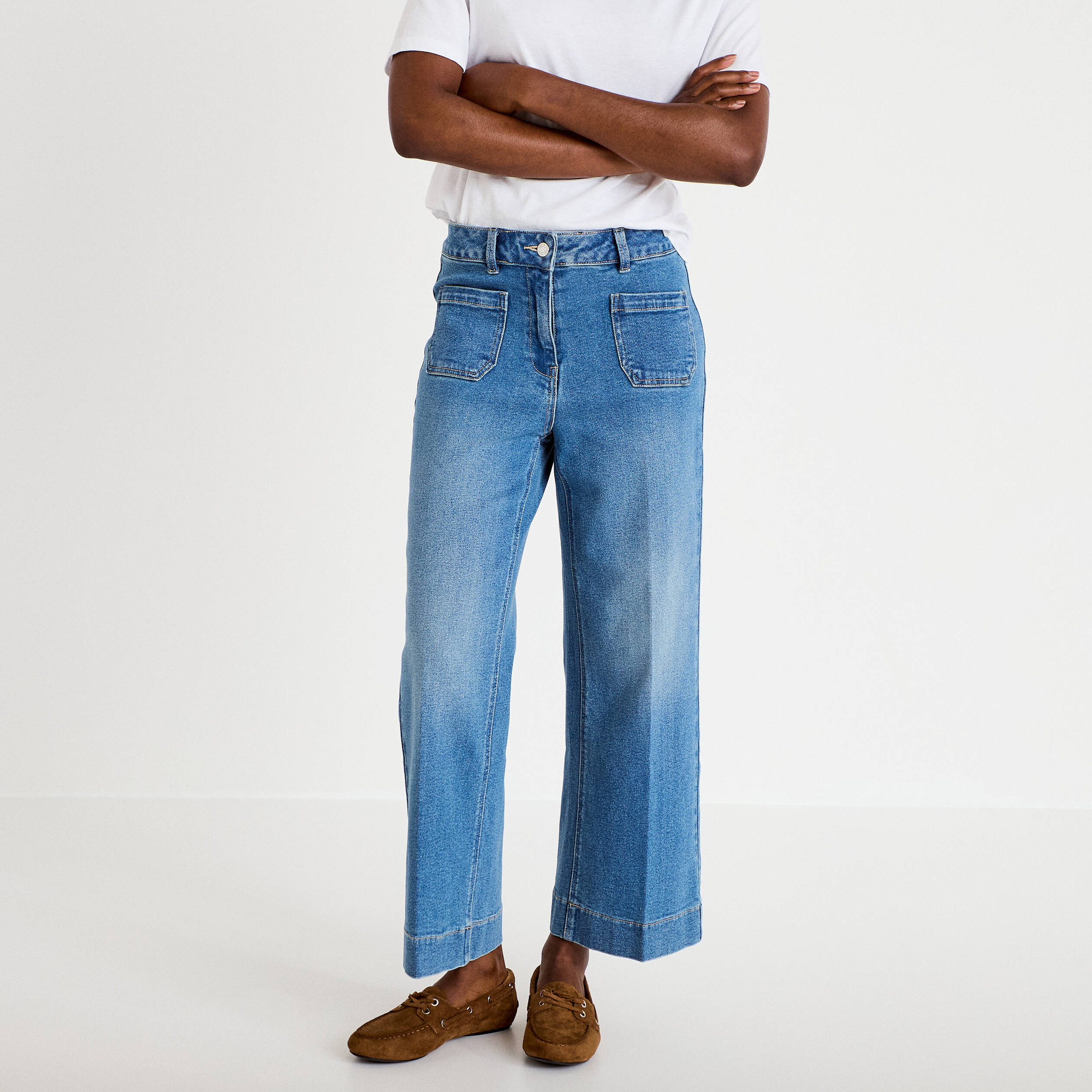 Jean wide leg cropped taille haute denim double stone femme