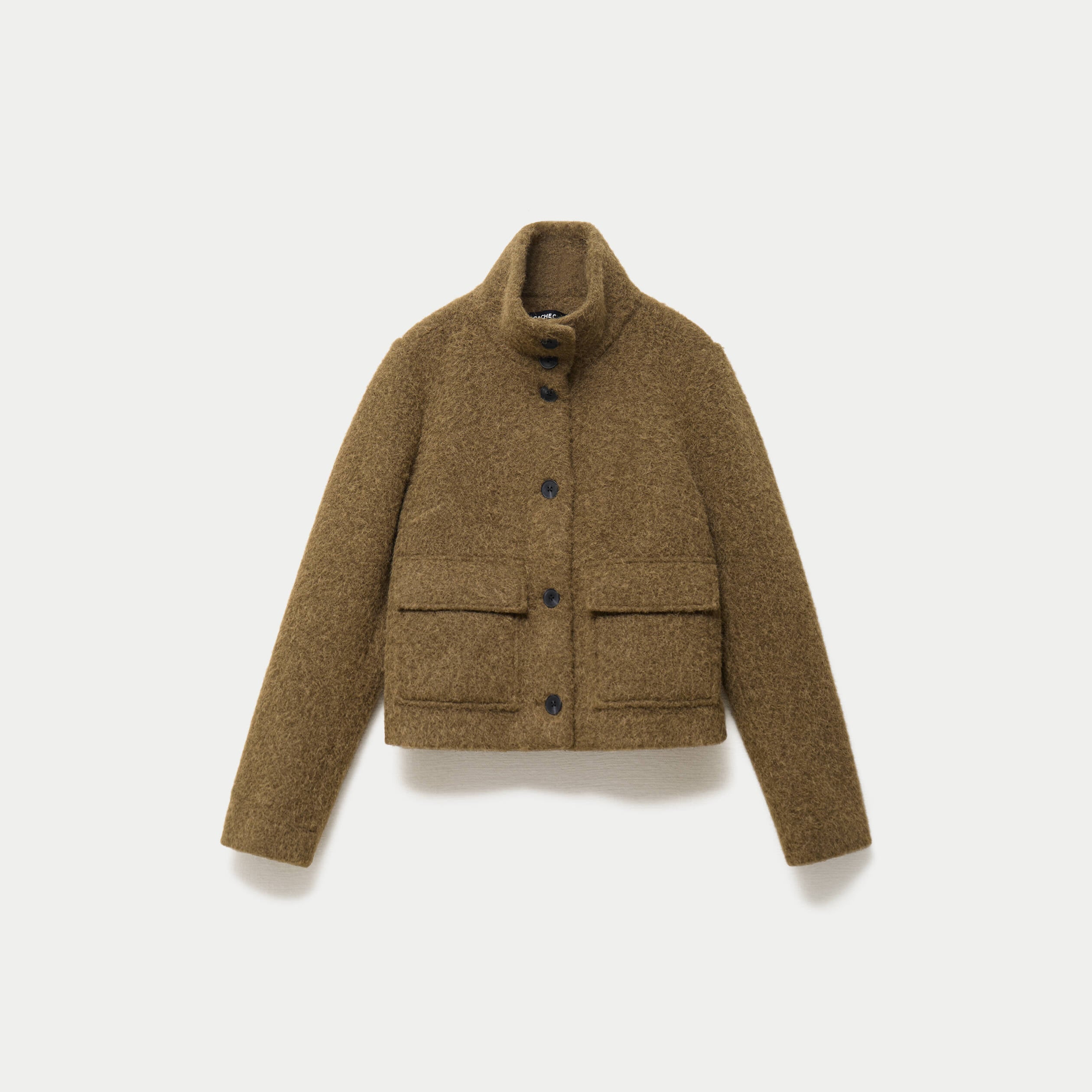 Veste droite bouclette col montant vert kaki femme