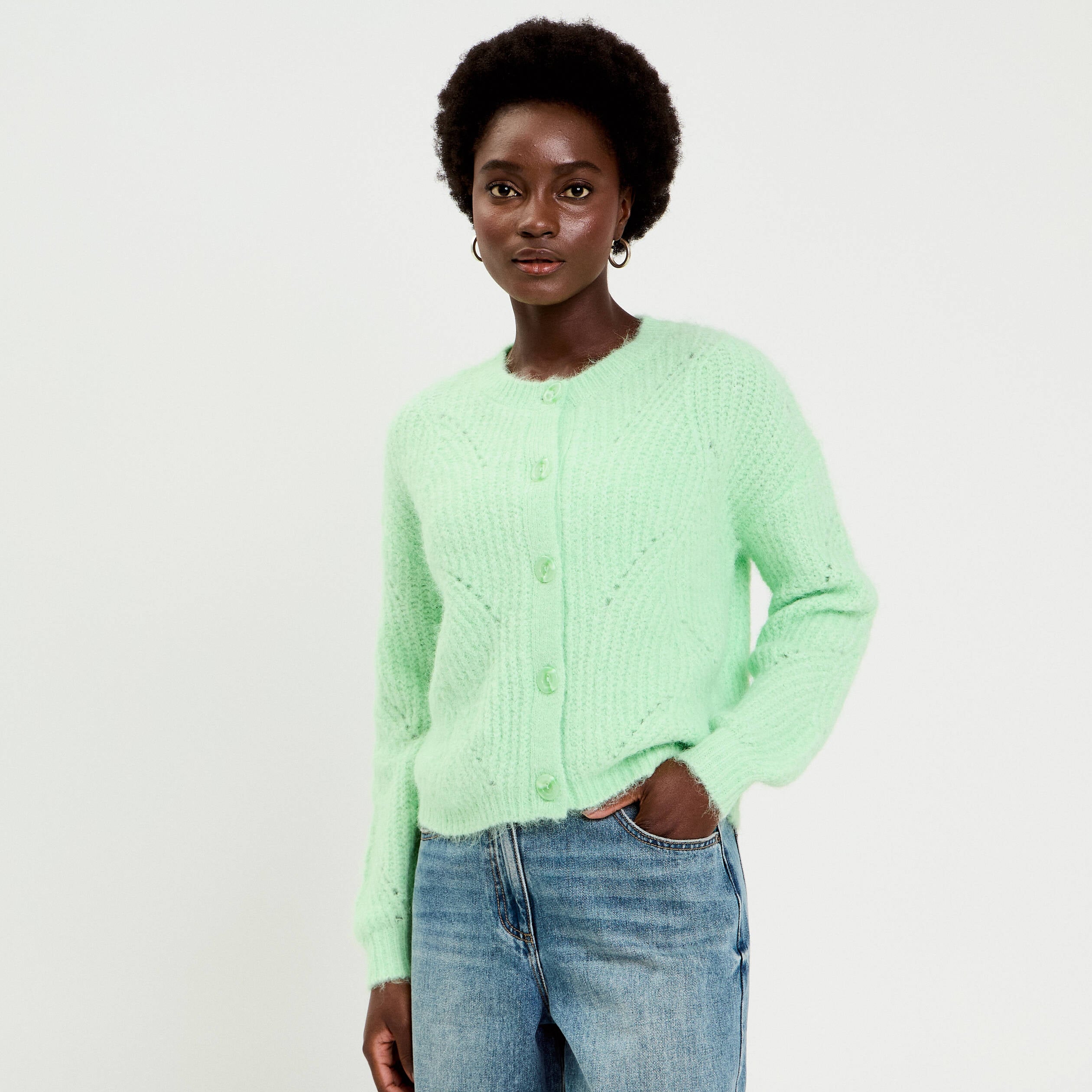 Gilet ajour&eacute; manches longues vert pastel femme