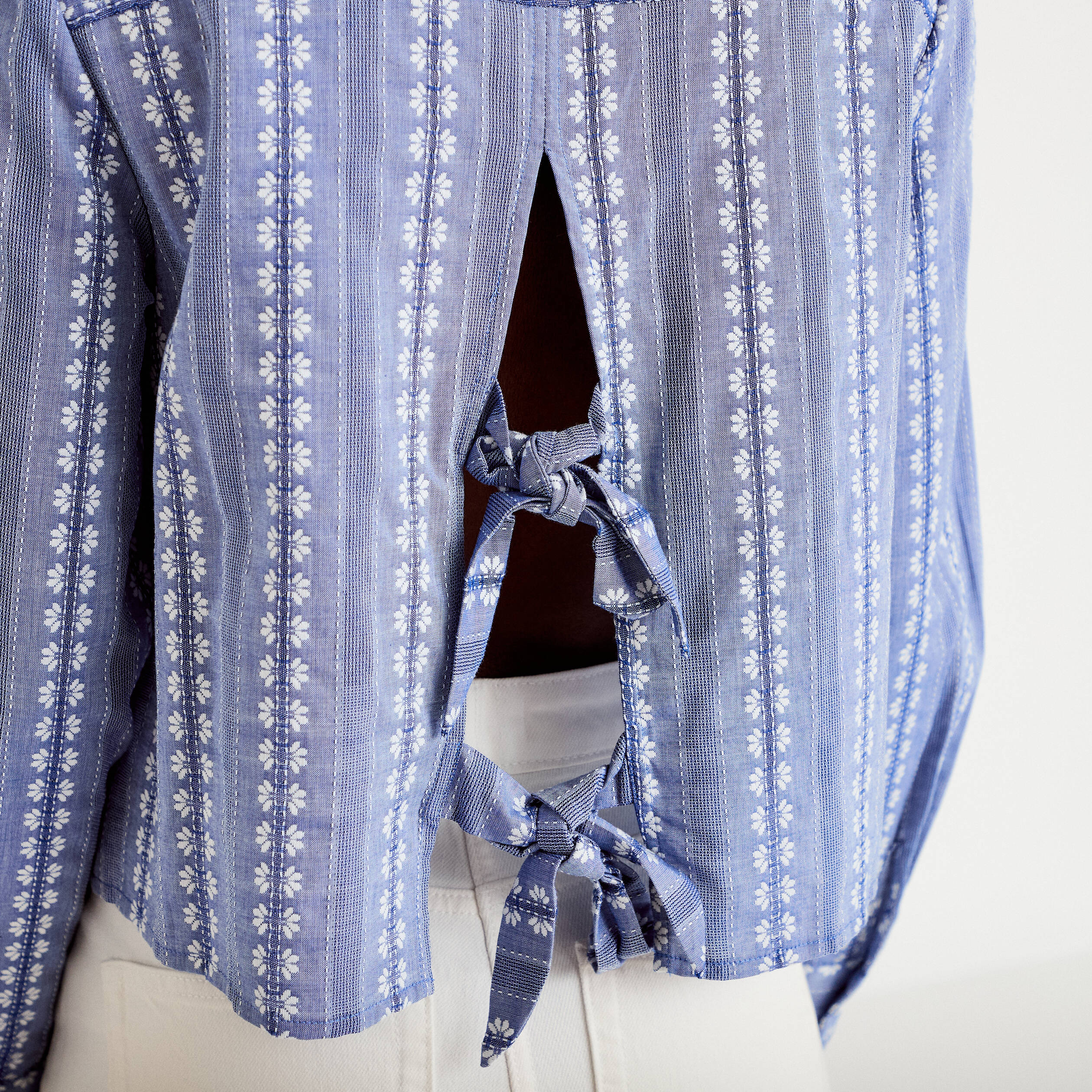 Chemise droite cropped col classique bleu gris femme