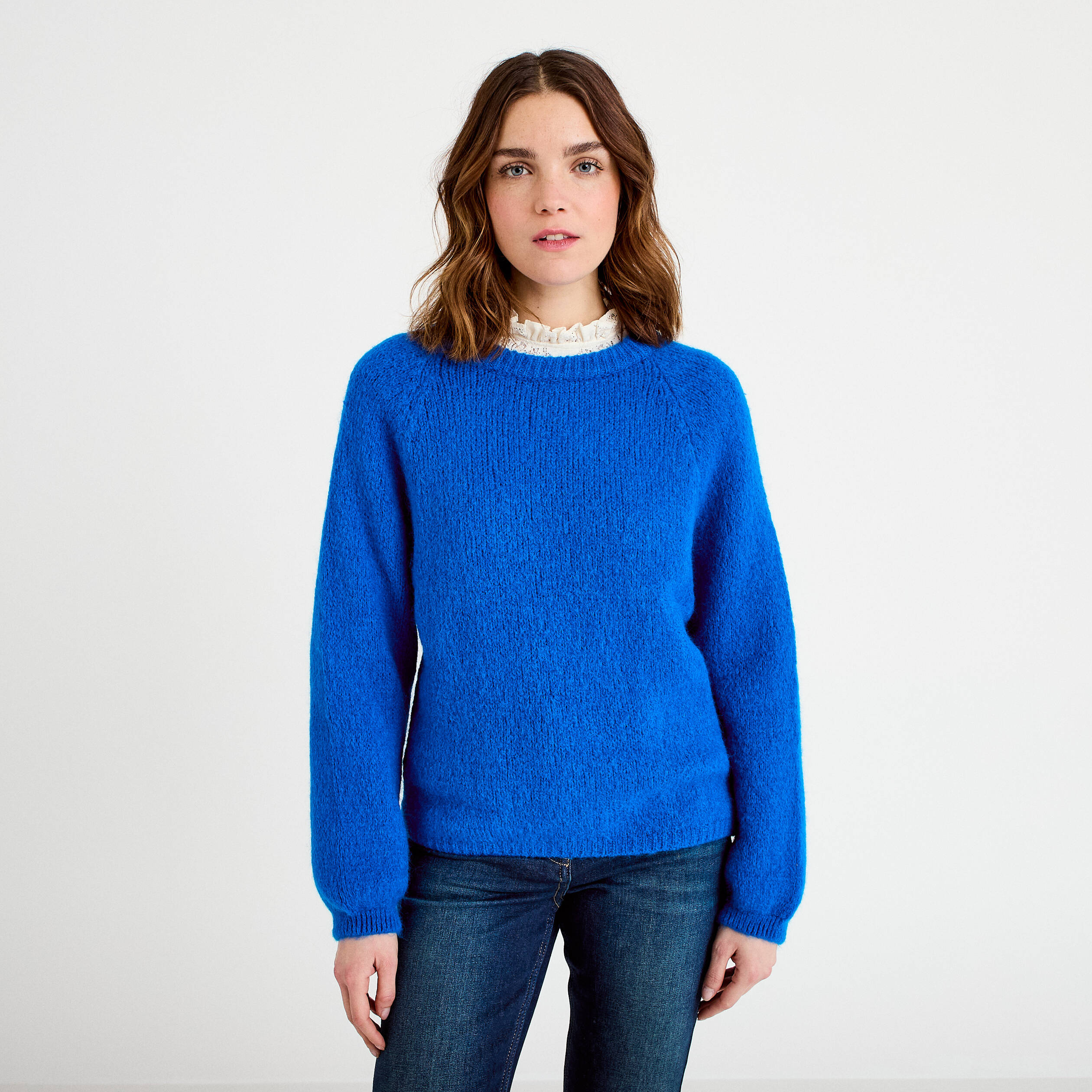 Pull ample col rond manches longues bleu electrique femme