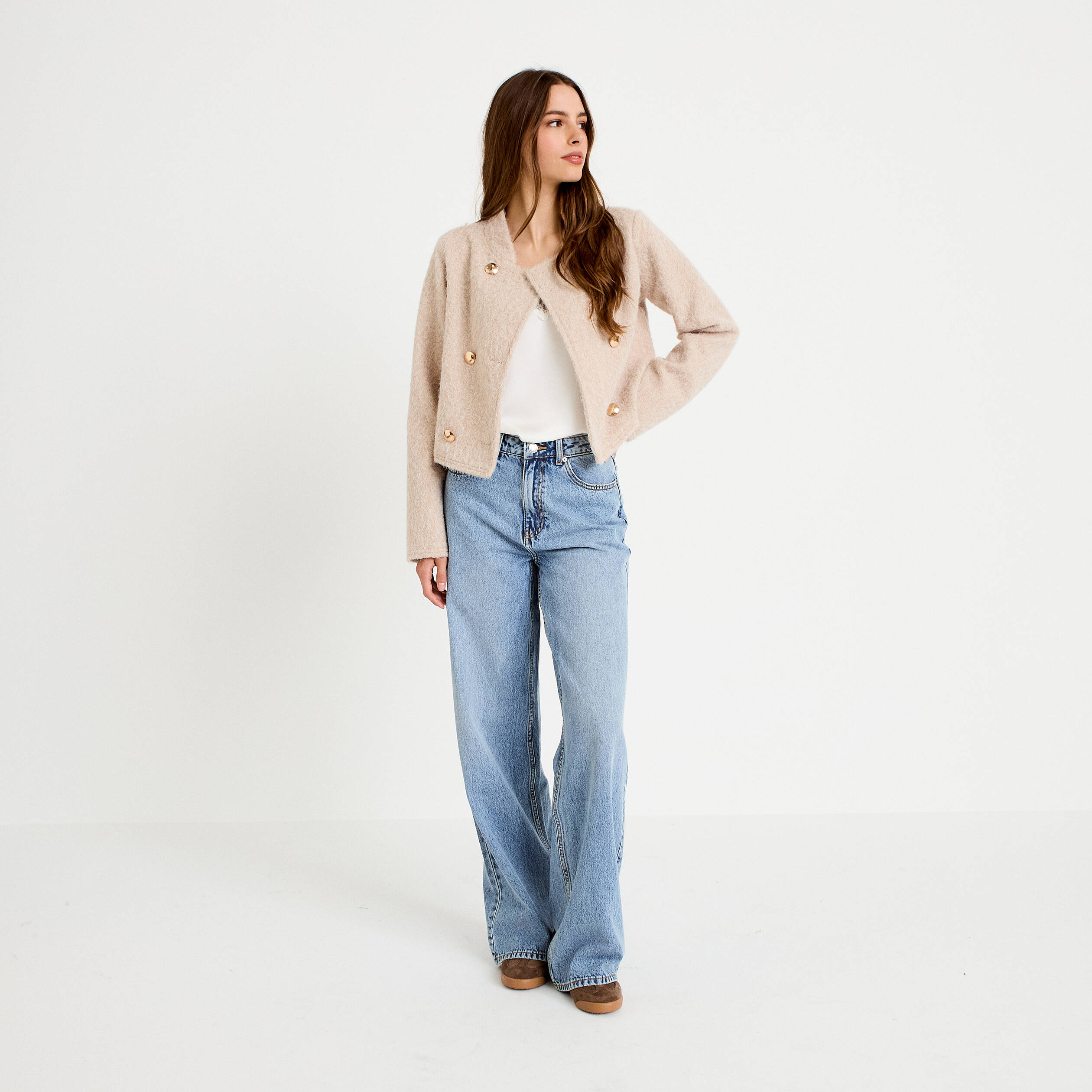 Veste droite cropped effet polaire ivoire femme