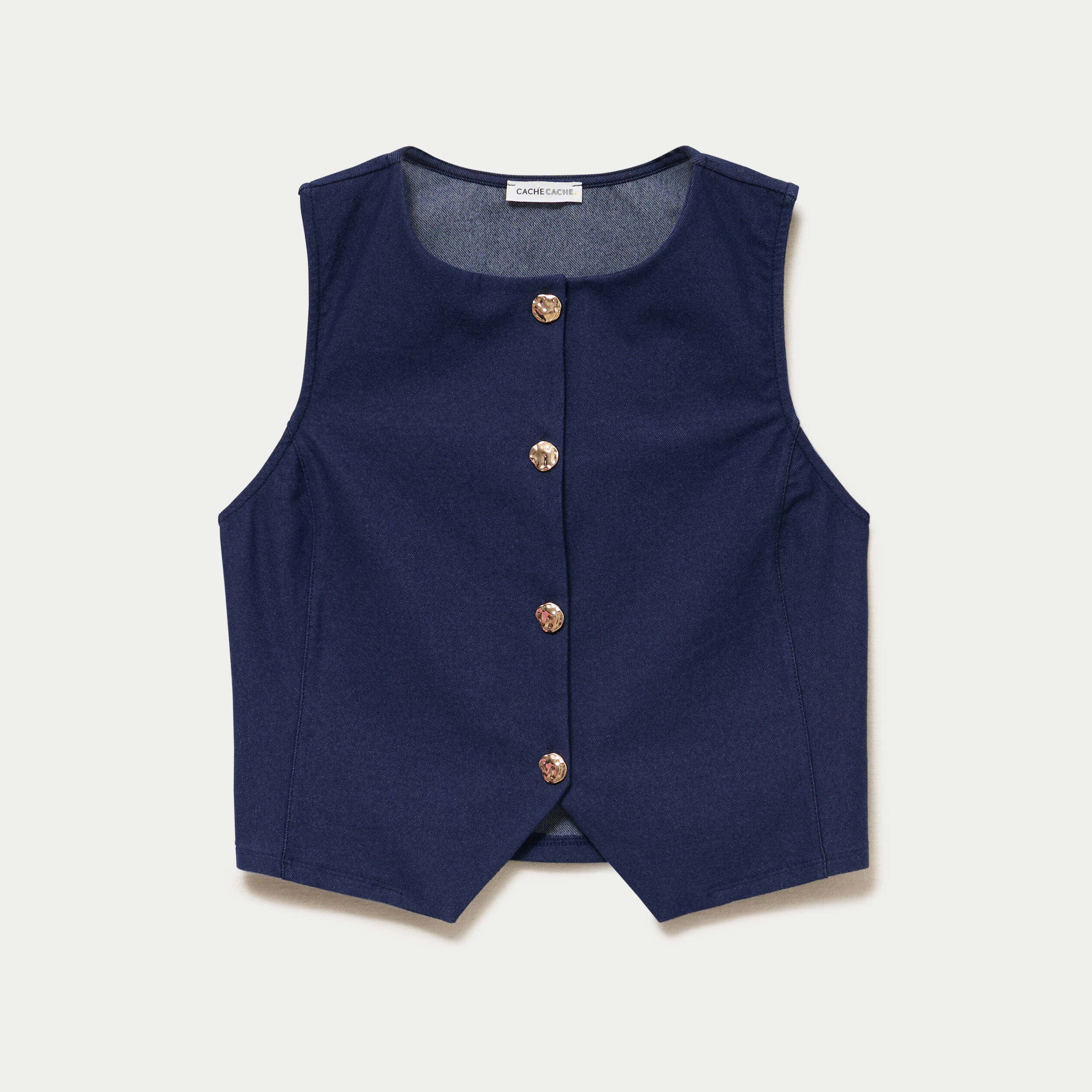 Gilet jean cintr&eacute; cropped sans manches denim brut femme