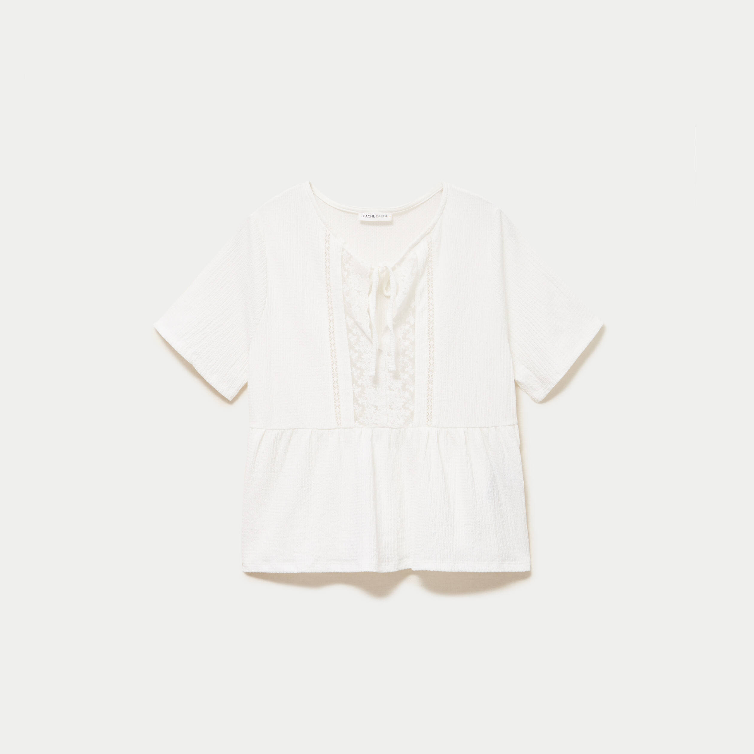Blouse col v manches courtes dentelle ecru femme