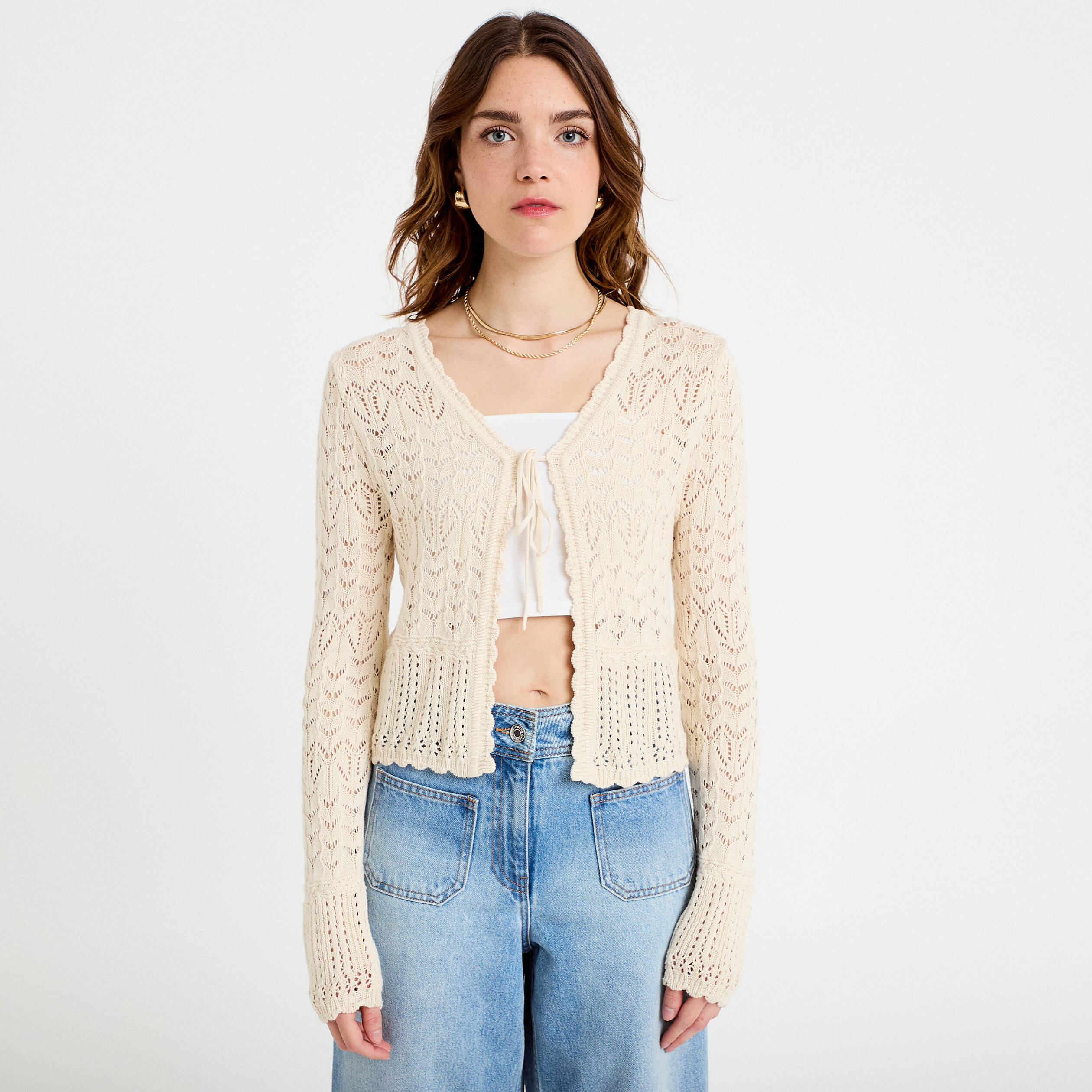 Gilet ajour&eacute; cintr&eacute; manches longues sable femme