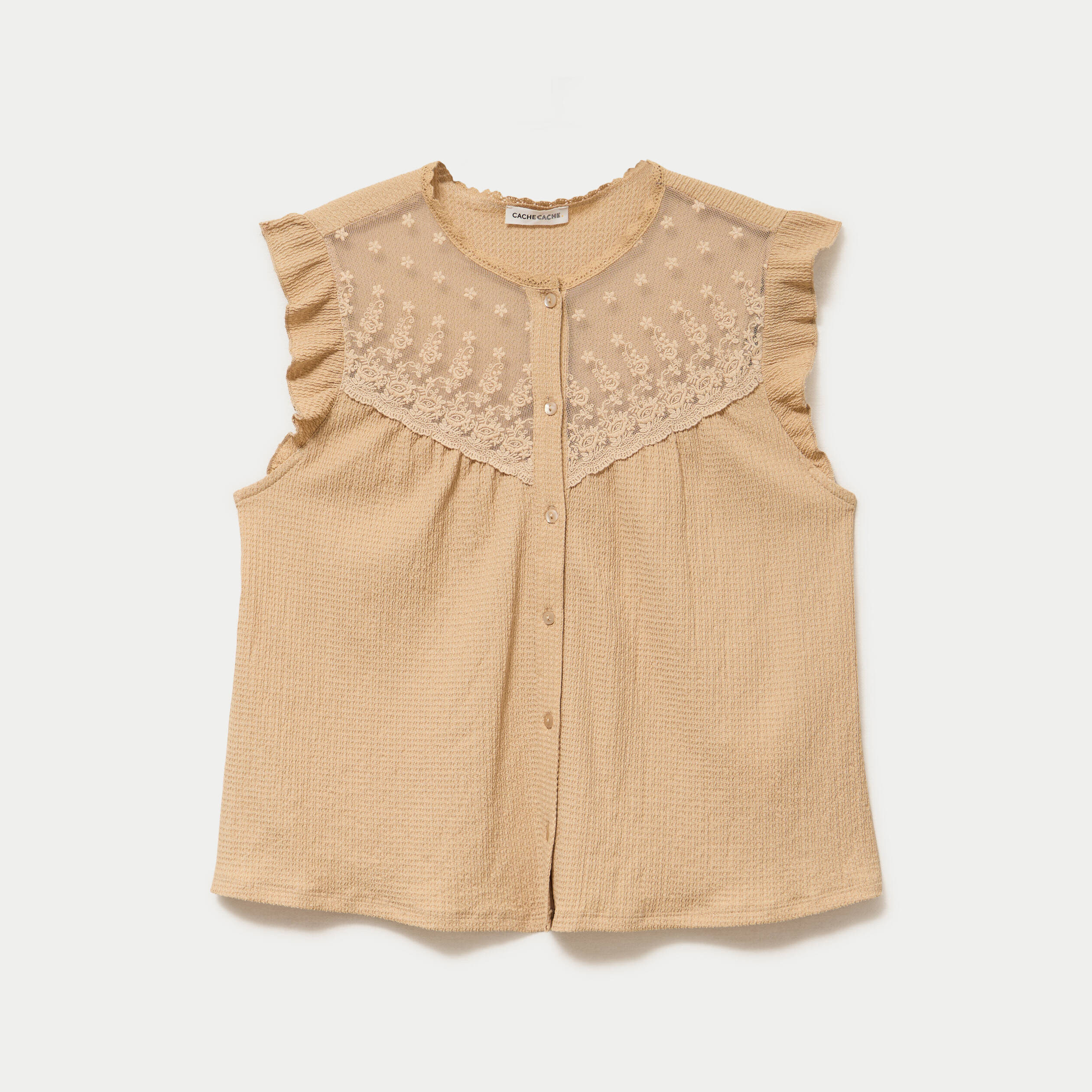 Blouse sans manches col rond beige femme